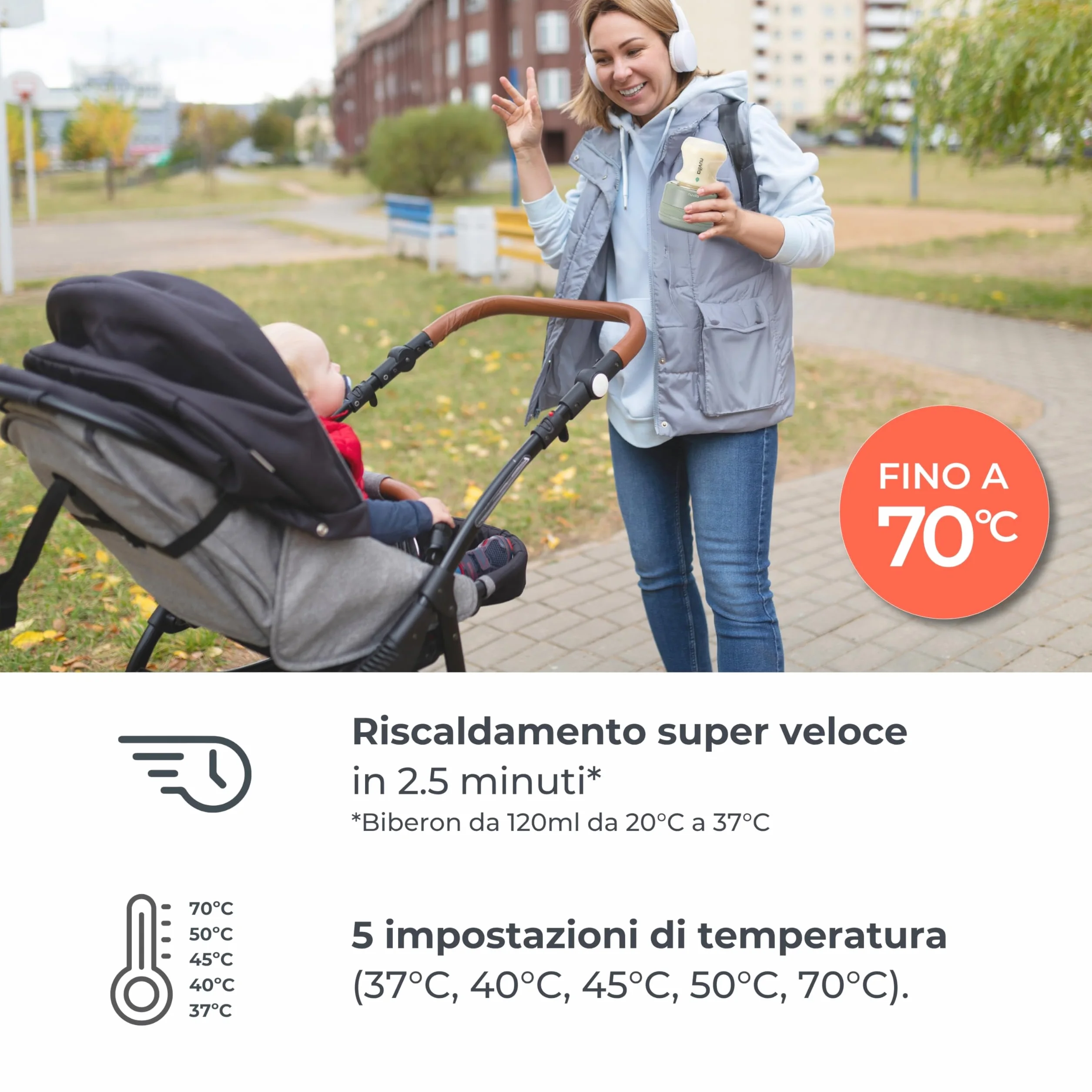 Nuvita 1166 Warm70 Scaldabiberon Portatile Senza Fili 70°C – Ricaricabile USB, Compatibile Universale, 5 Livelli di Temperatura Fino a 70°C, Riscaldamento Rapido 2,5 Min, Mantiene Caldo 6 Ore
