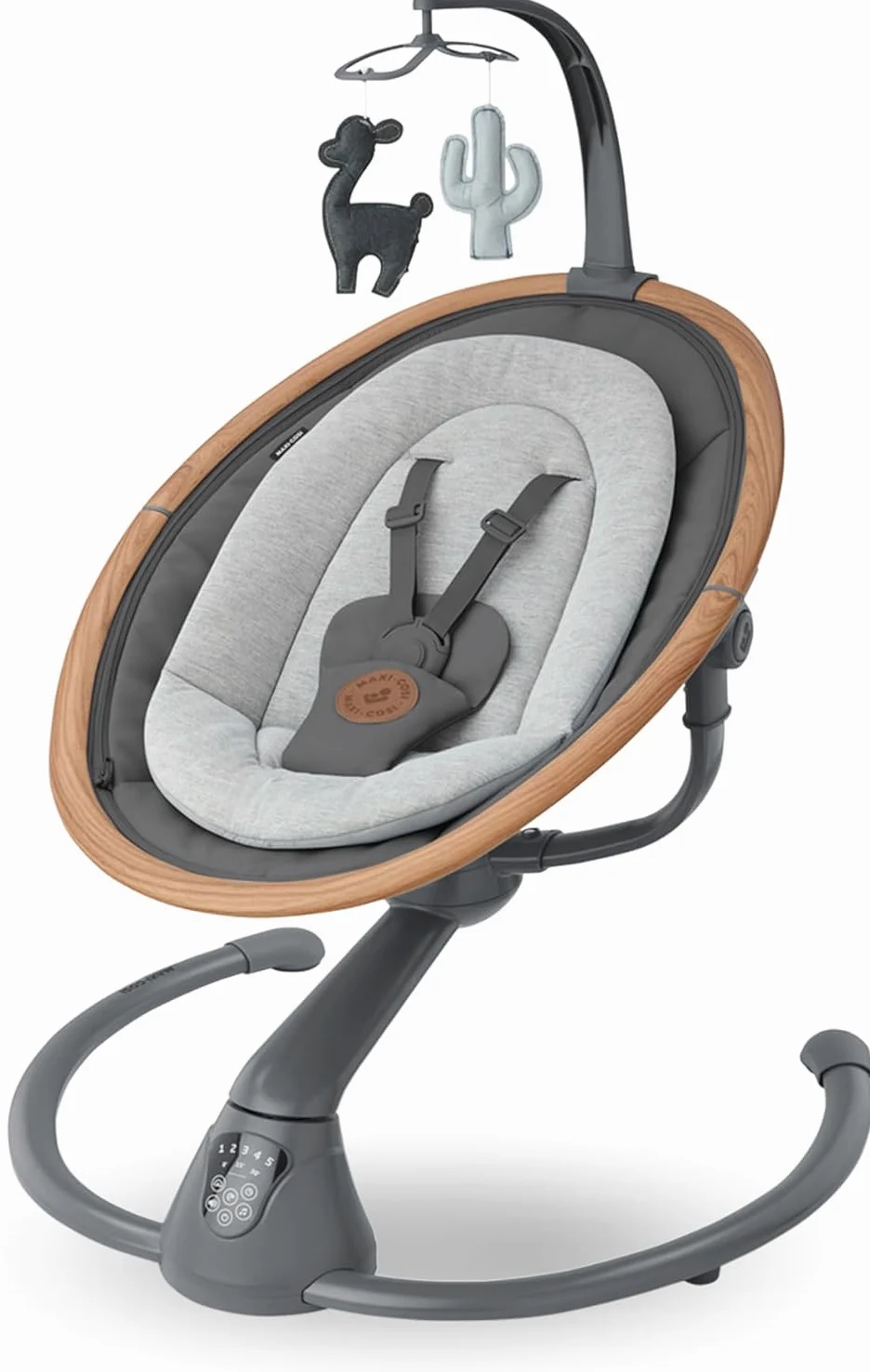 Maxi-Cosi Cassia Sdraietta Neonati Elettrica per Bambini, 0-6 mesi, max 9 kg, Altalena Neonato Girevole 360°, Reclinabile, Rilevamento Automatico Movimento, 5 Velocità, 12 Melodie, Essential Graphite