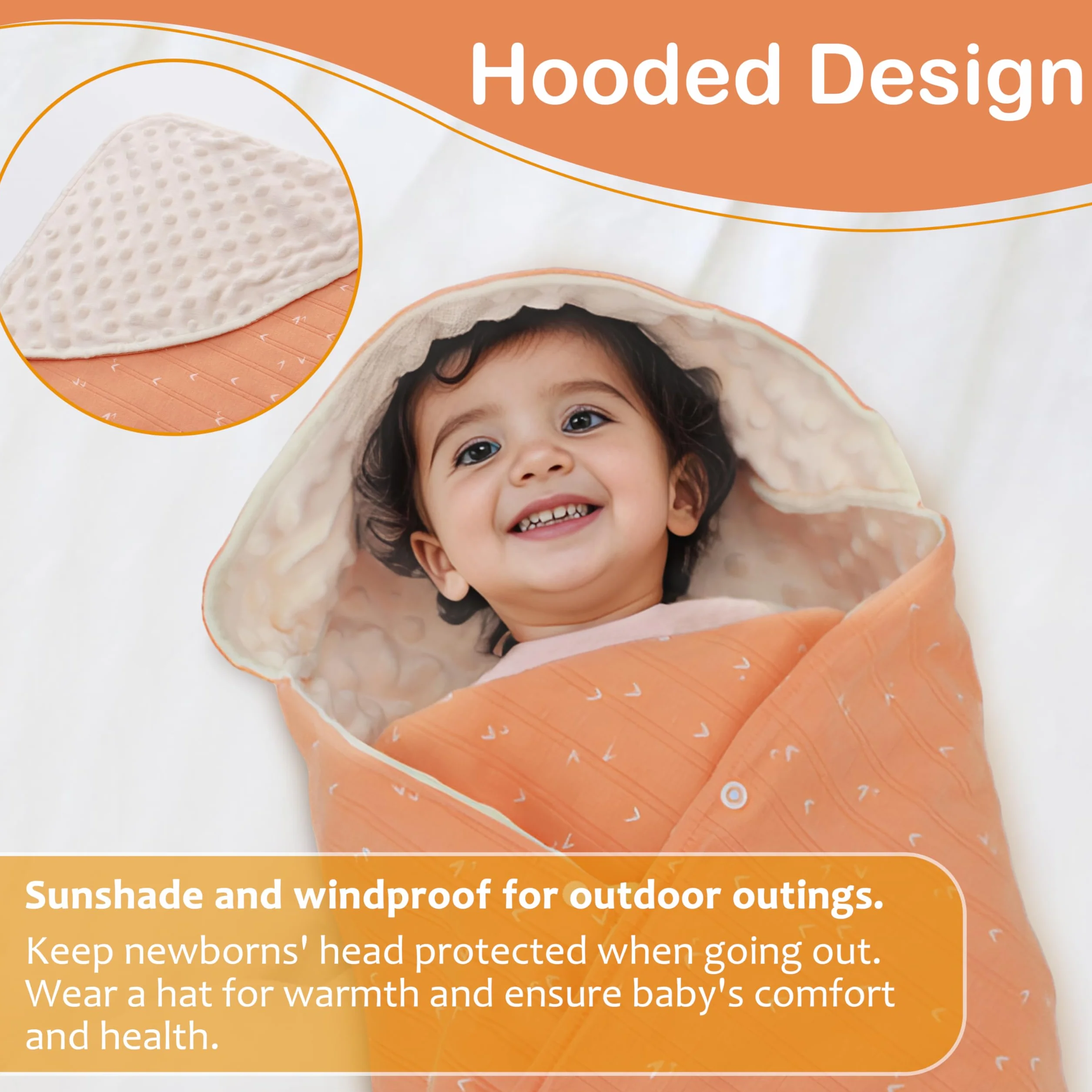 Coperta Avvolgente in 100% Cotone, 90*90cm Bifacciale Multifunzionale Copertina Accogliente con Cappuccio, Morbida Trapunta per Tutte le Stagioni, Adatto a Passeggino, Seggiolino, Unisex, Arancione