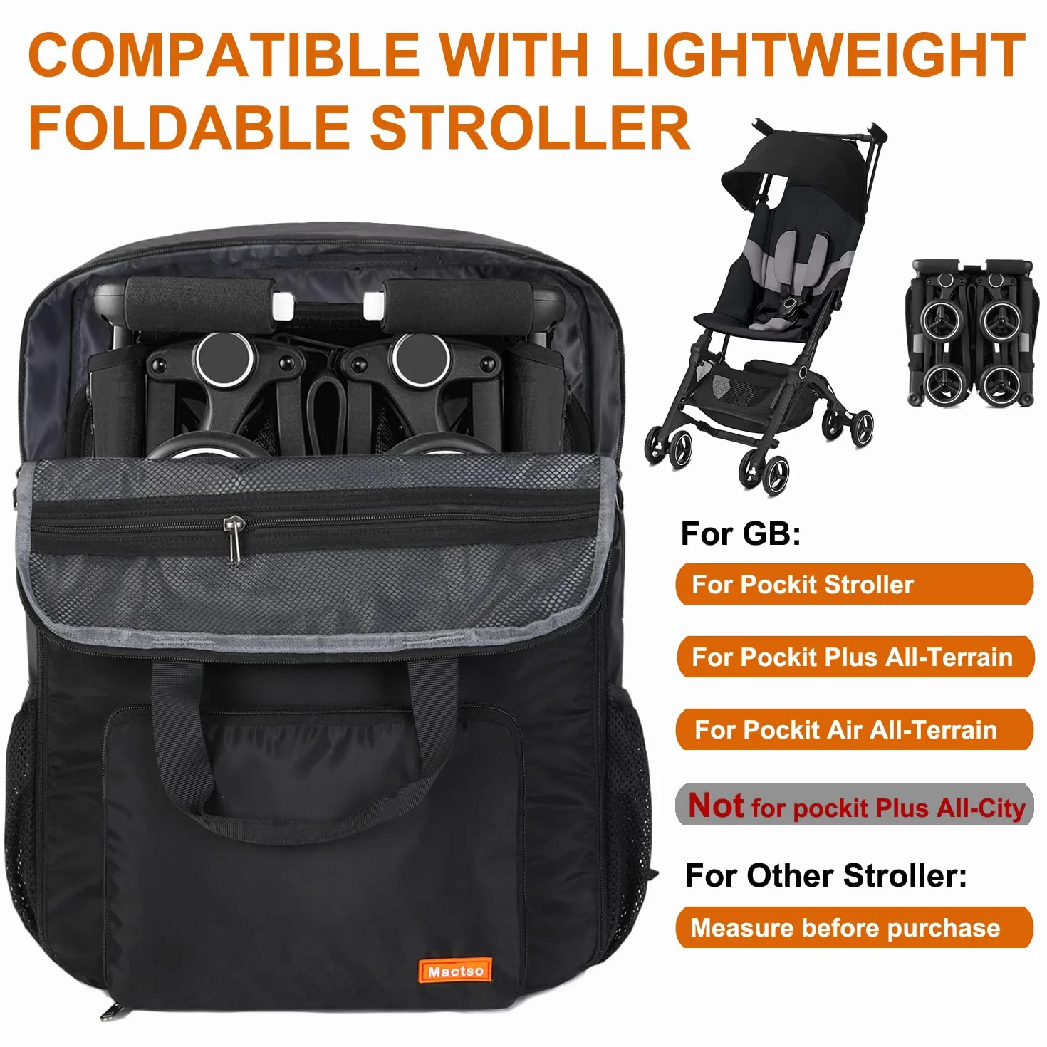 Mactso, Borsa da viaggio per passeggino compatibile con GB Pockit e GB Pockit Air Plus All Terrain, zaino da viaggio leggero per passeggino per aereo (nero, M)