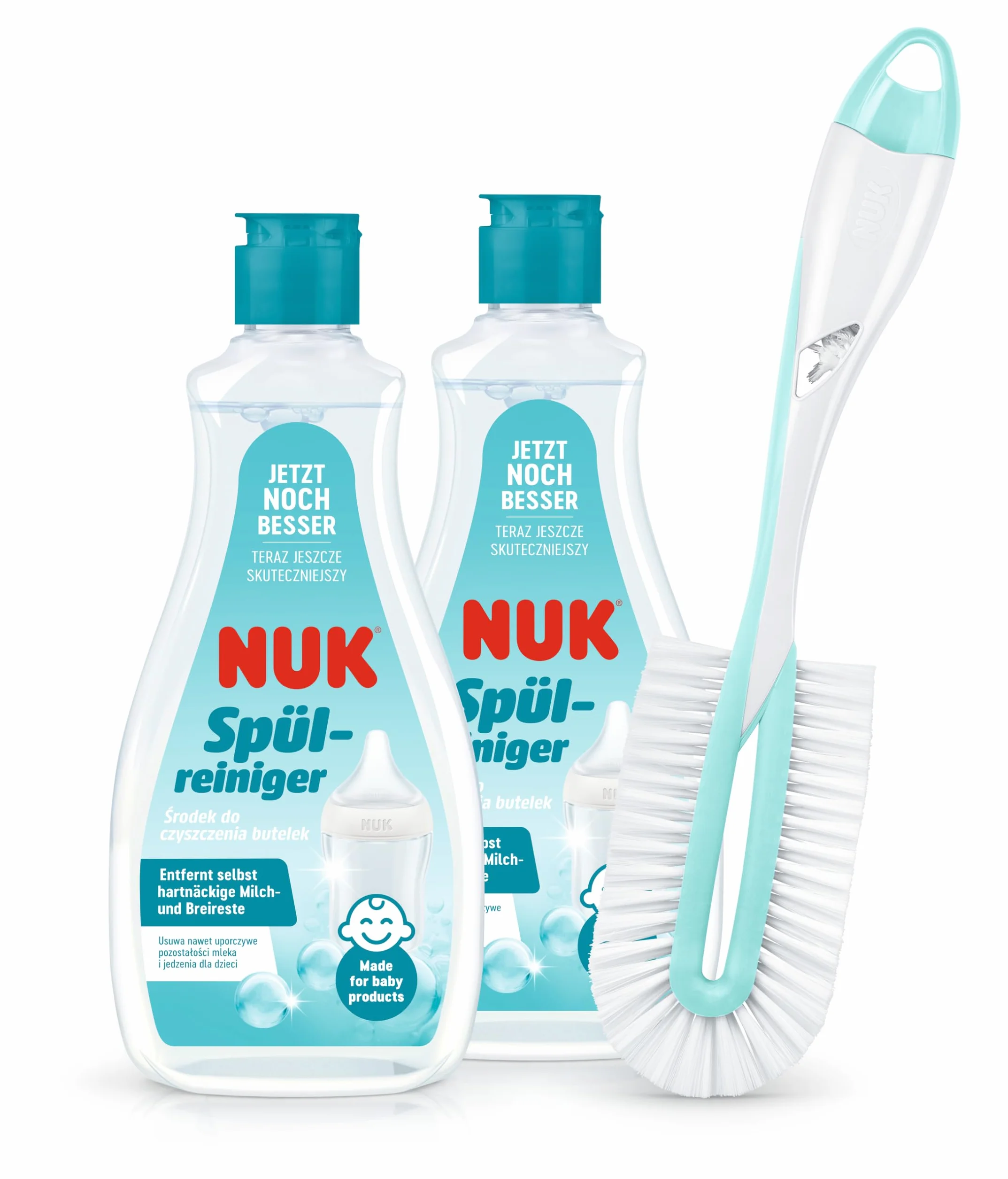 NUK Detergente per biberon e scovolino per biberon | 2 x detergente 500ml , 1 x scovolino Twist per bottiglie | Ideale per la pulizia di flacone, tettarelle e altro | Senza profumo