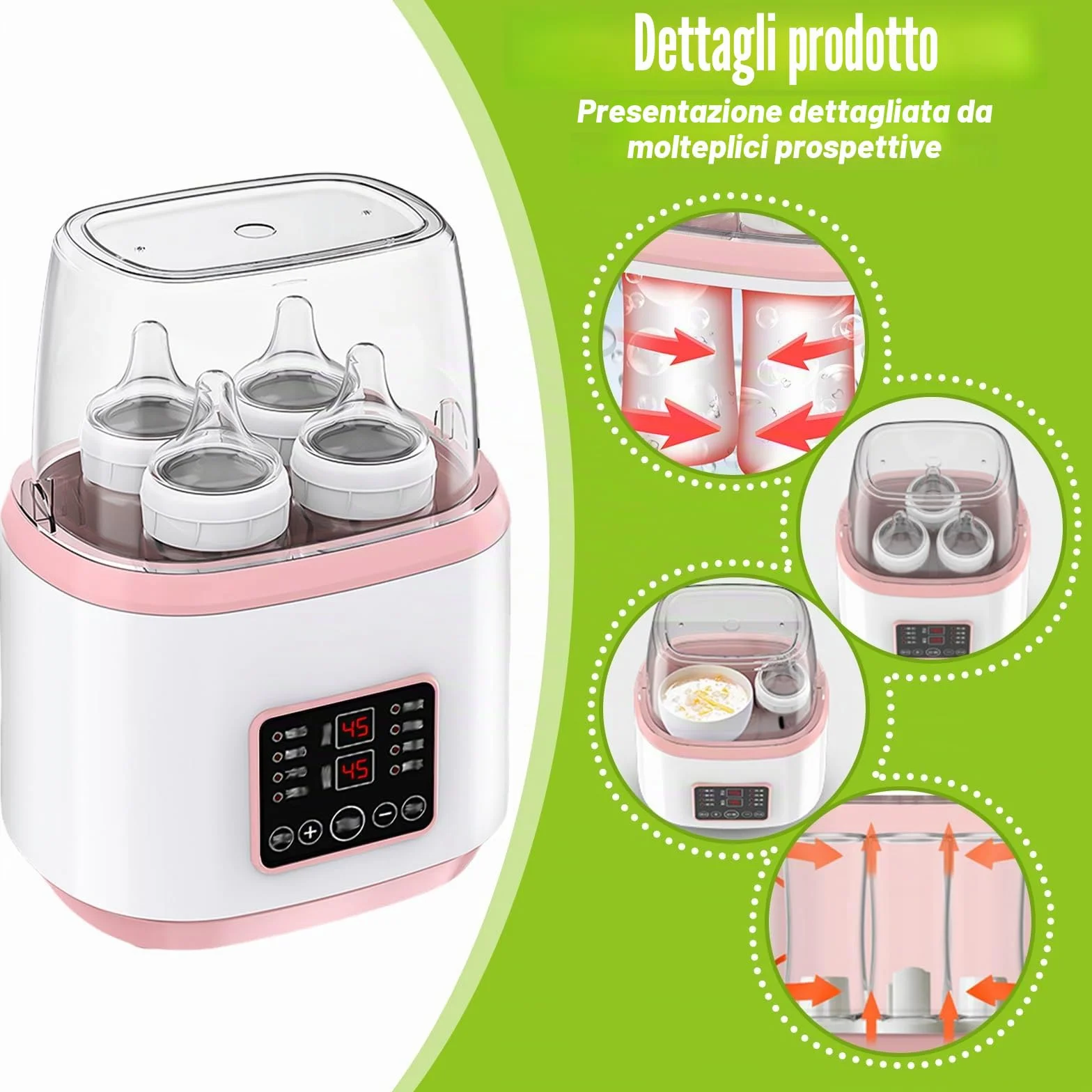 8 in 1 scaldabiberon, sterilizzatore per biberon, scaldabiberon rapido per neonati, scaldabagno e sbrinamento con display LCD, senza BPA, rosa