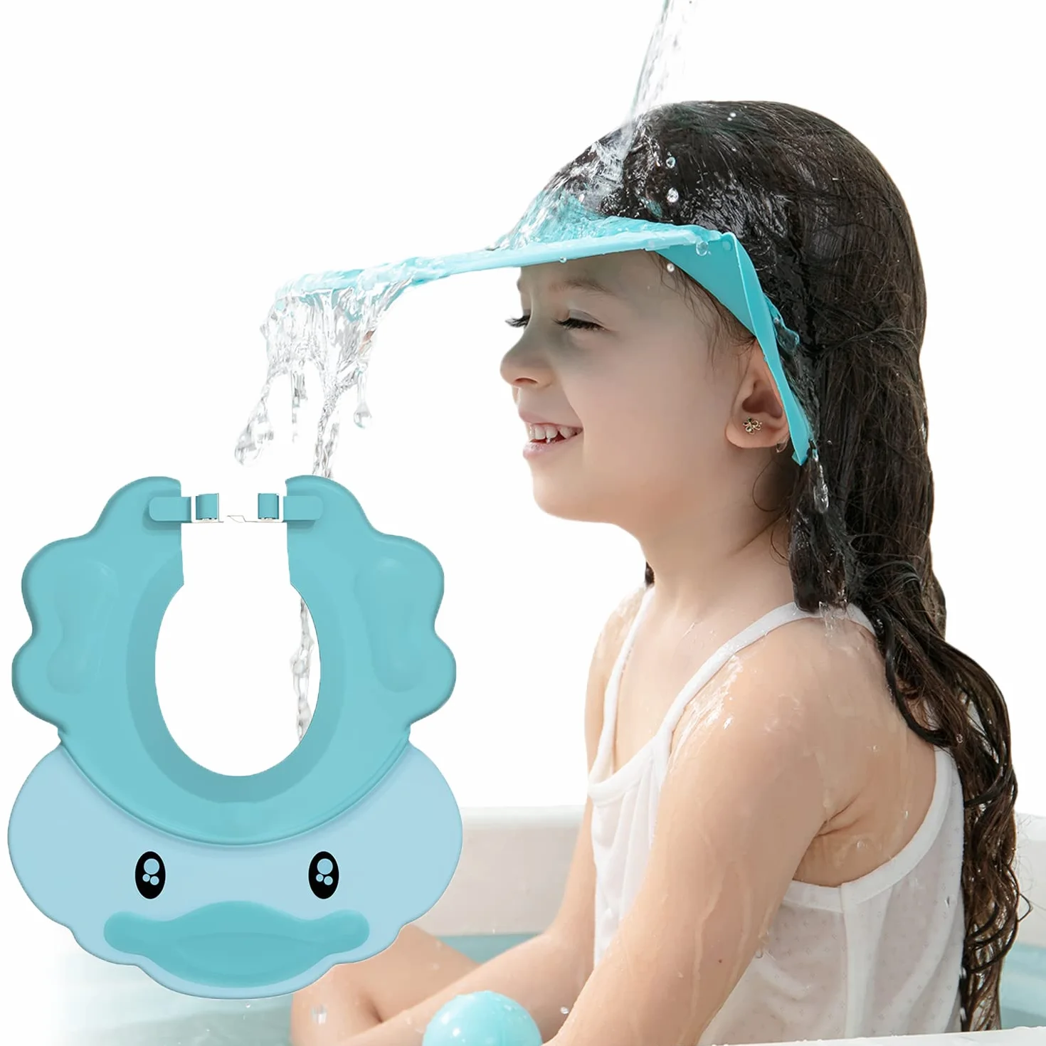 Blu Doccia Cap per Bambino, Sicurezza Cappello da Bathing, cappello con visore regolabile morbido per neonati e bambini, Proteggi occhi, bocca, orecchie(per 0.5-12 anni di età)