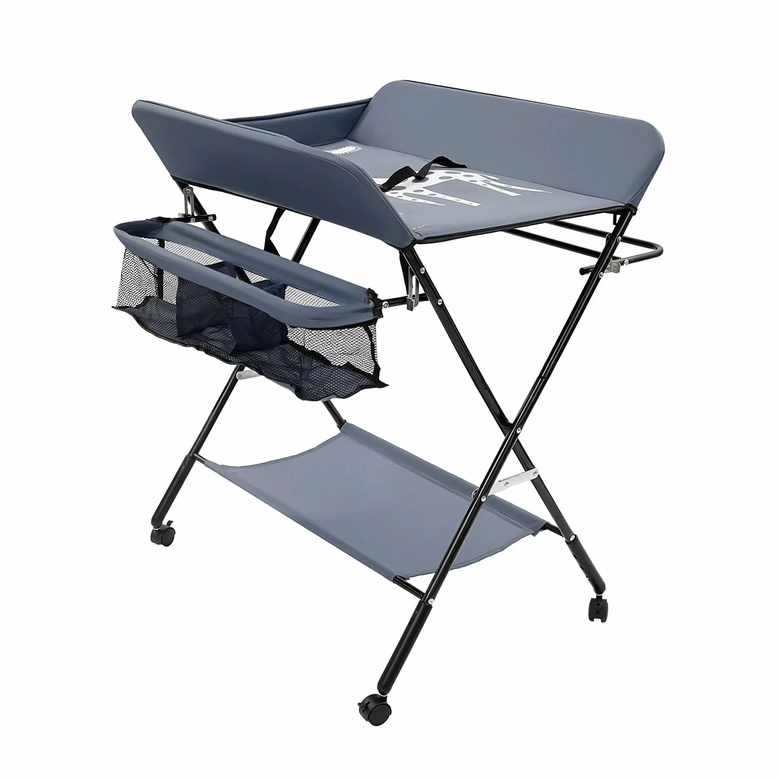 Fasciatoio pieghevole e portatile 3 in 1, fino a 25 kg, fasciatoio per neonati, con cestino portaoggetti, cintura di sicurezza e 4 ruote con freno, regolabile in altezza, grigio