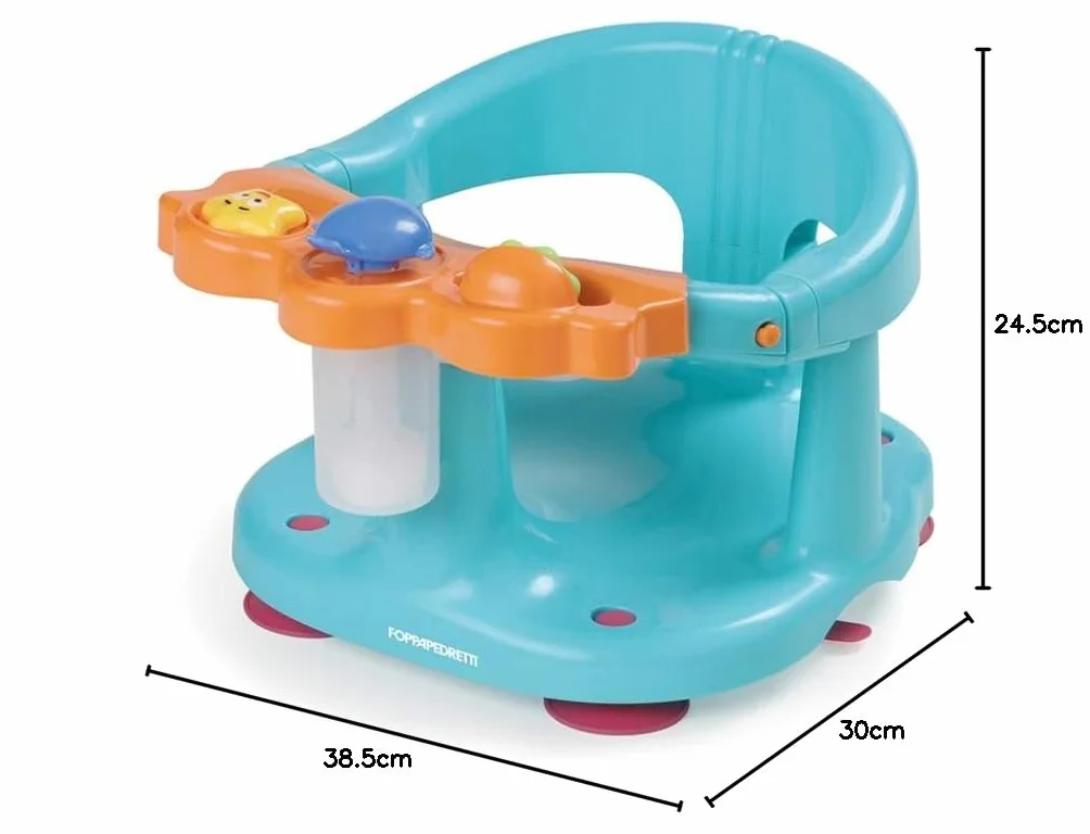 Foppapedretti Seggiolino Da Bagno Tuffetto ,30x38.5x24.5 cm, per Bambini fino a 13 Kg, Dotato di davanzalino con giochini e pompetta spruzza acqua, Bracciolo di protezione, Arancio Azzurro