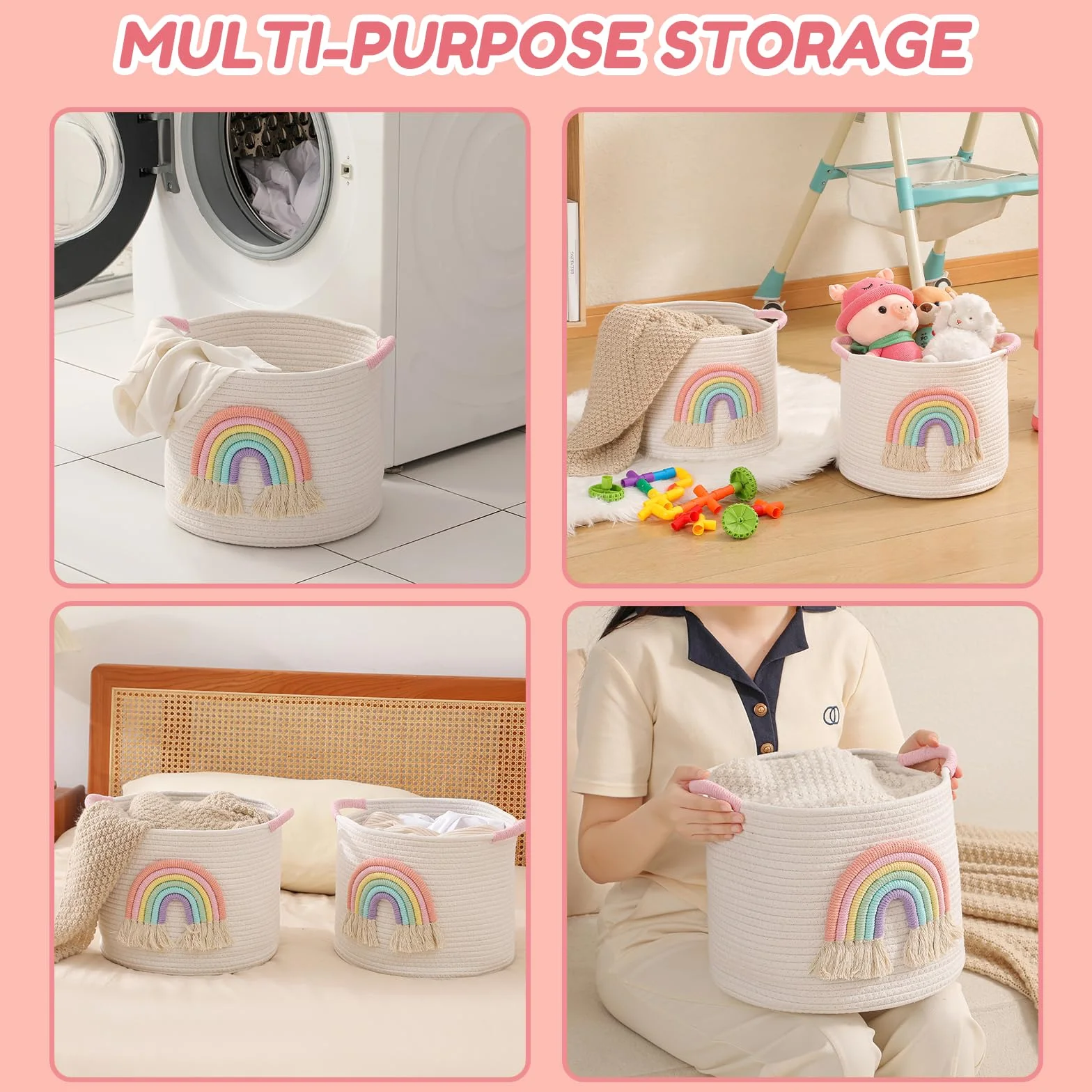 Cestini di immagazzinaggio dei giocattoli, cesto di stoccaggio in corda di cotone tessuto con decorazione arcobaleno per bambini, cestini per coperte, organizer per giocattoli, cestino arcobaleno per