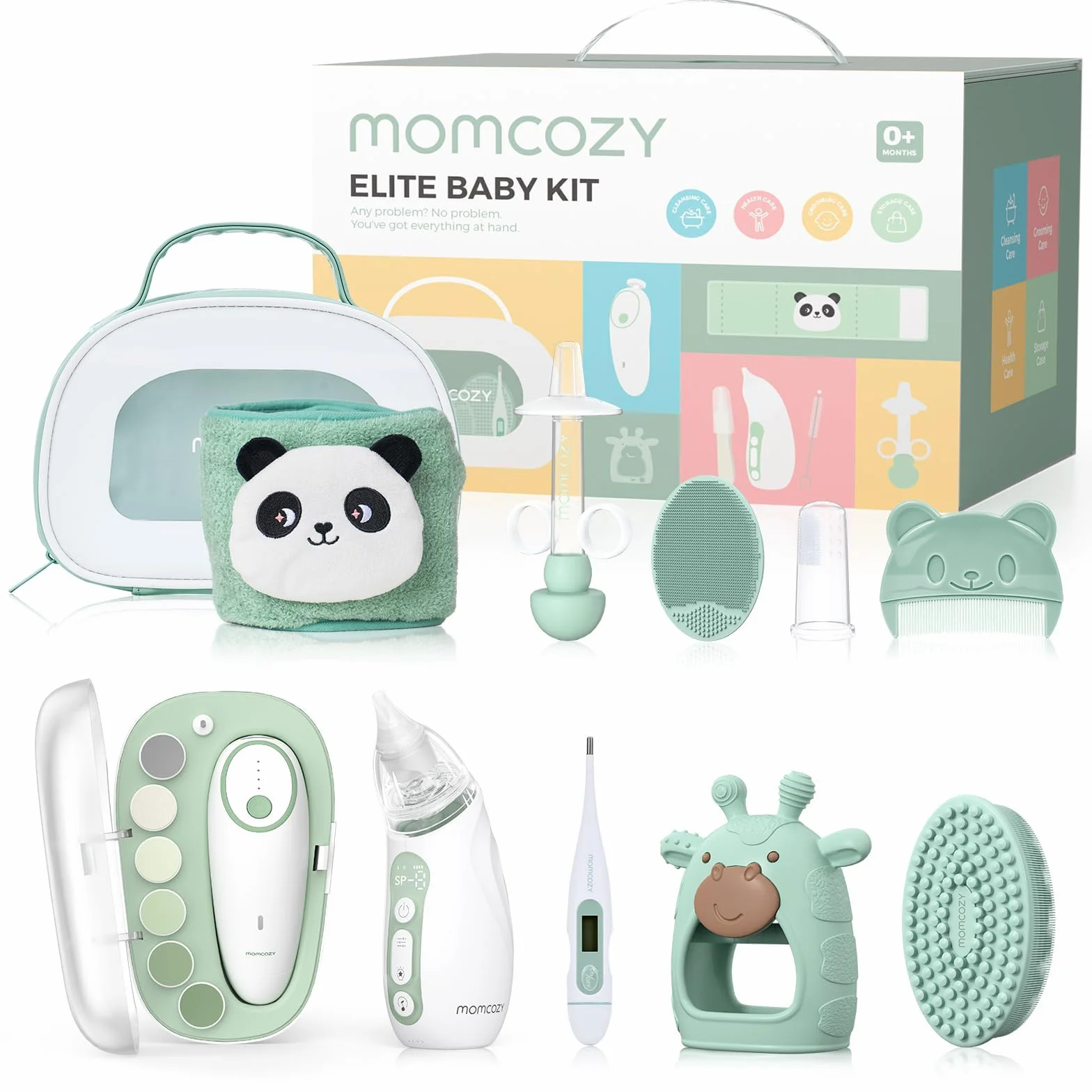 Kit per Bambini Momcozy Elite, Regalo di Qualità Superiore per Curala & Salute & Pulizia del Bambino, Ideale per Festa del Bebè & Lista di Nascita,Lima per Unghie&Aspiratore Nasale Elettrico,ecc,Borsa