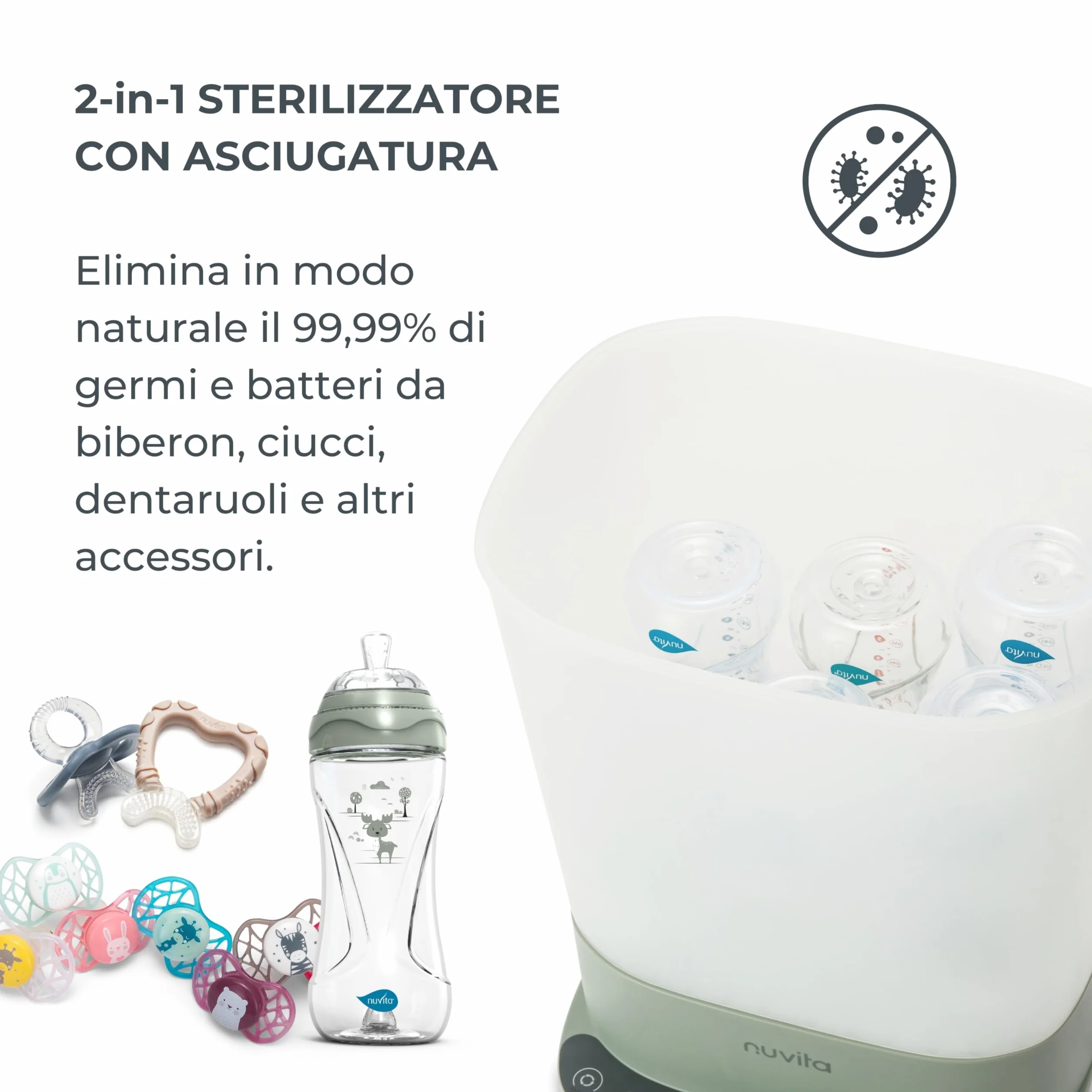 Nuvita 1088 SteriDry 2-in-1 Sterilizzatore e Asciugatore per Biberon - Sterilizzazione a Vapore 99,99%, Filtro HEPA per Asciugatura Purificata, Conservazione Sterile 72H, Grande Capacità, Timer