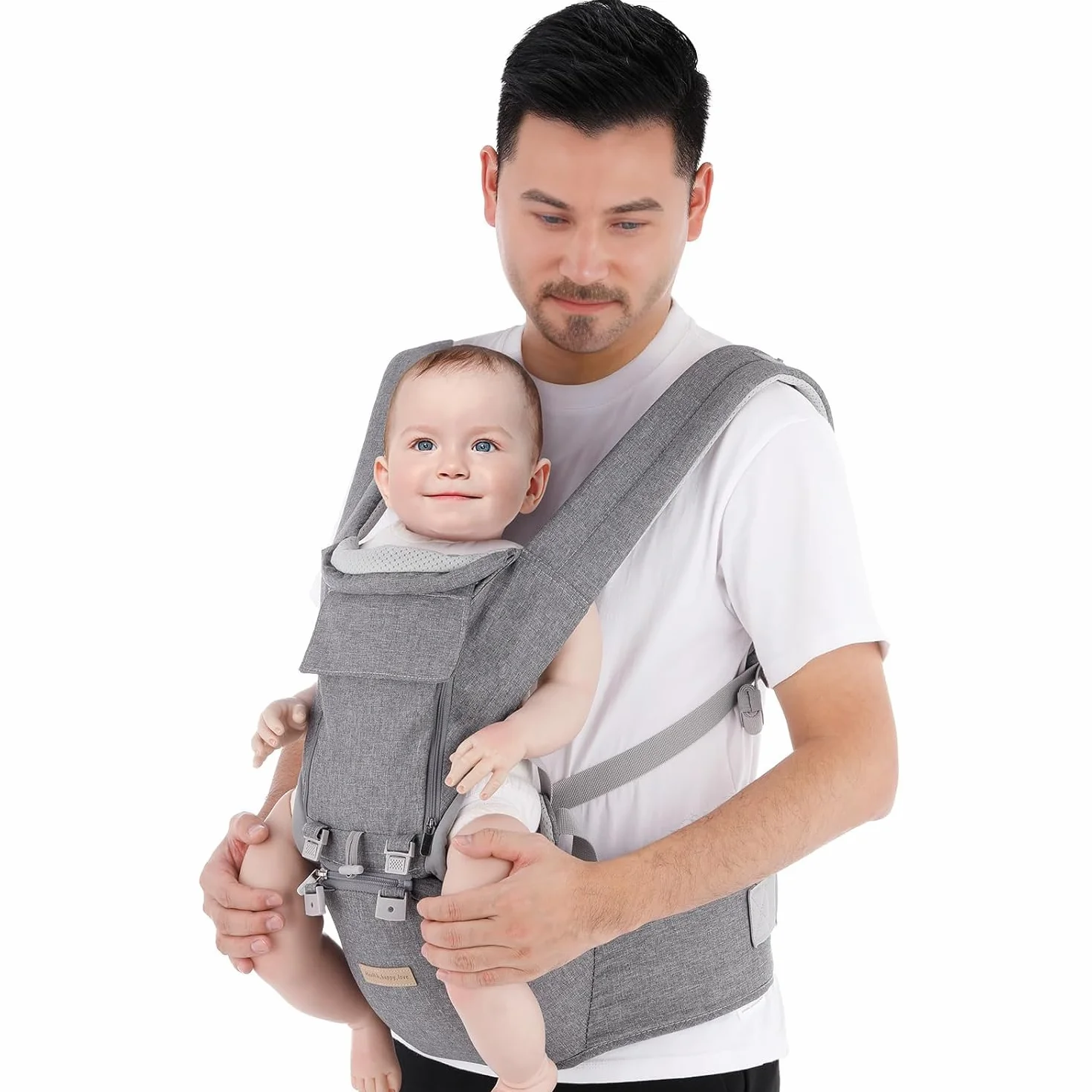 Fascia Neonato, 9-in-1 Regolabile Marsupio Neonati Ergonomico, Confortevole e Leggero, Sedile con Supporto Lombare, Marsupio Bambino da 0-36 Mesi, Ideale per Genitori a Mani Libere, Grigio