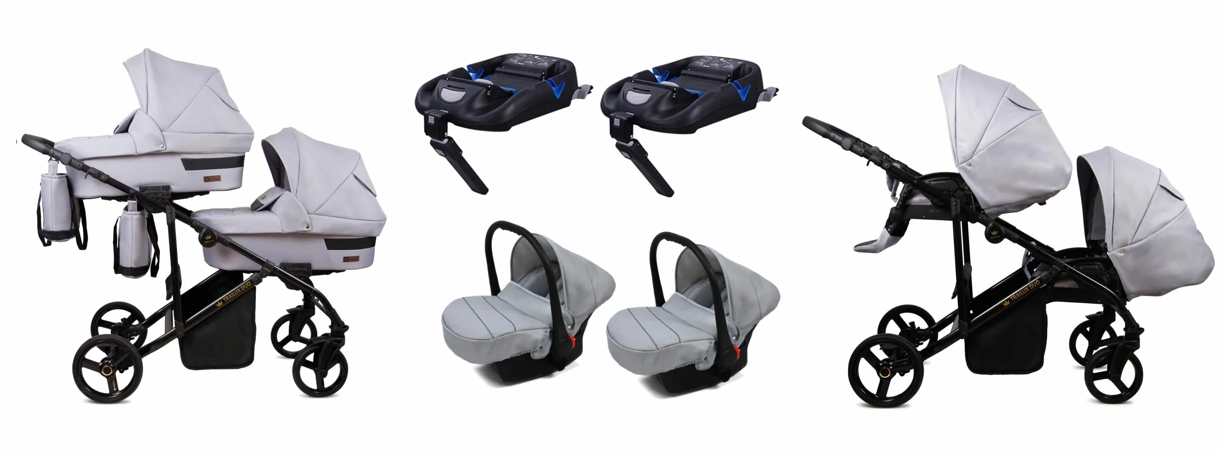 BabyLux® Bambini Passeggino per gemelli Completo Set 4 in 1 - Duo | Silver - incl. Navicella, Canna, Seggiolino Auto, ISOFIX Base - Carrozzina Neonati Sistema Combinato - con Borsa fasciatoio ecc.