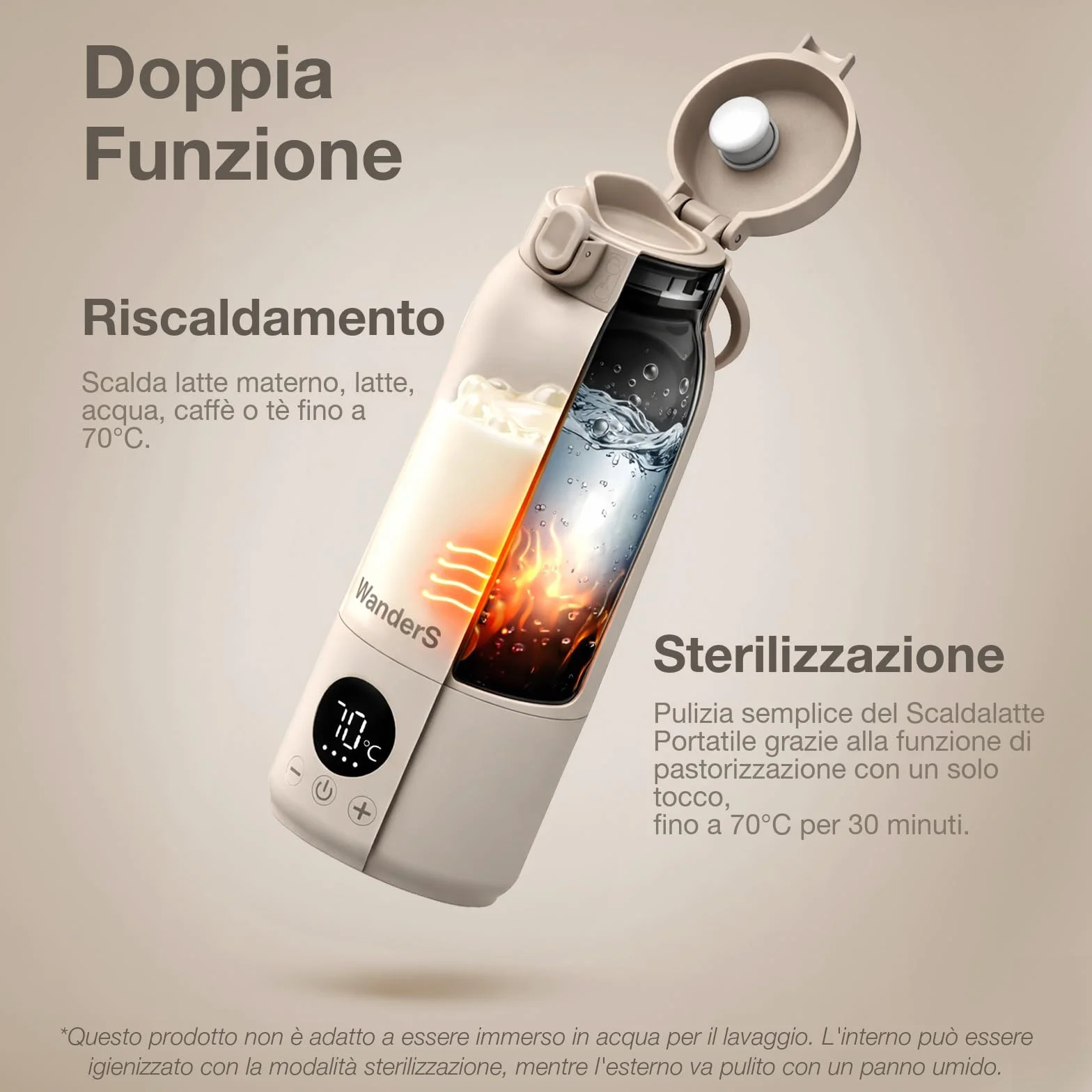 Scaldabiberon Portatile di WanderS – 500ML Scaldabiberon da Viaggio - Controllo della Temperatura, Sterilizzazione, Acciaio Inossidabile 316L, Ricarica USB-C, Impermeabile IPX6 e Blocco di Sicurezza