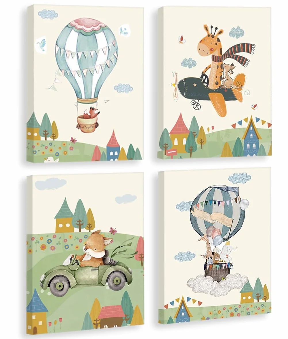 KAIRNE Set di 4 poster con animali, per la cameretta dei bambini, con cornice (20 x 25 cm), con mongolfiera, immagini da parete per la cameretta dei bambini, decorazione per la giungla e gli animali
