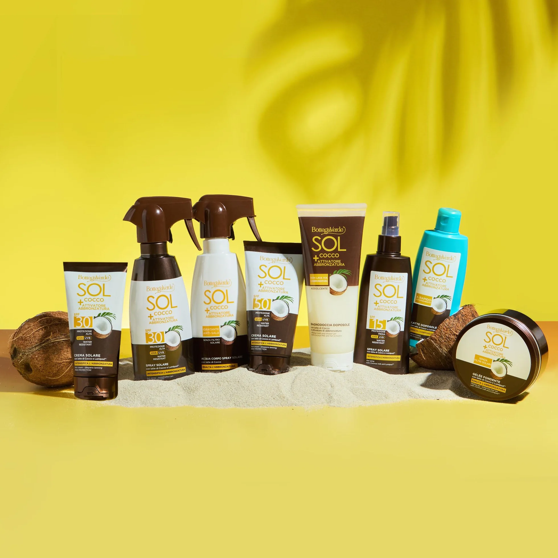 Bottega Verde - SOL Cocco + Attivatore di abbronzatura, Crema solare, intensifica l'abbronzatura, 150 ml, con latte di Cocco e Lumipod™, water resistant, protezione alta SPF50