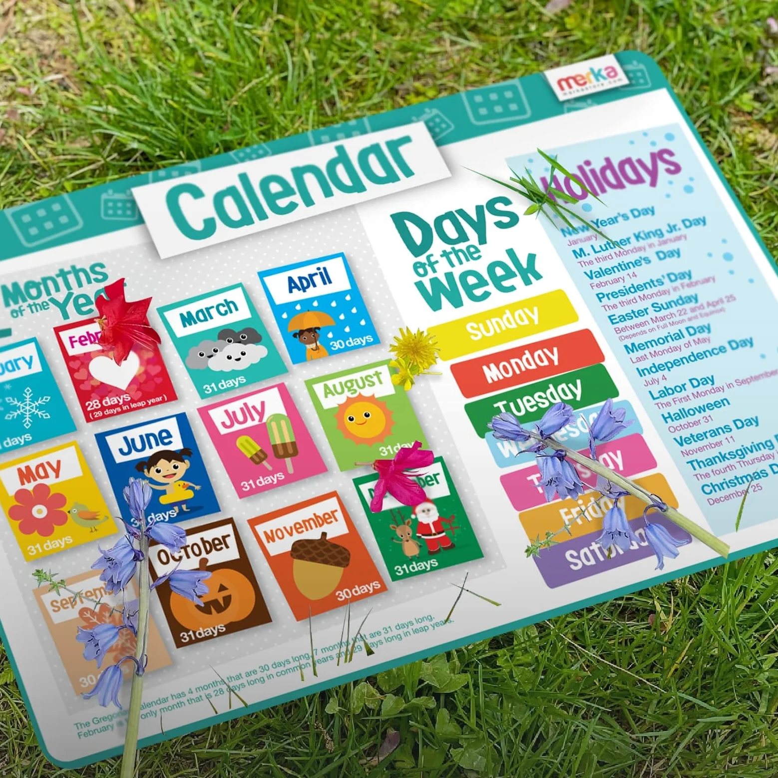 merka Tovagliette educative per bambini, riutilizzabili e antiscivolo in silicone, set di 4 tappetini didattici per tempo, denaro, calendario e stagioni, ideale per bambini e prescolari