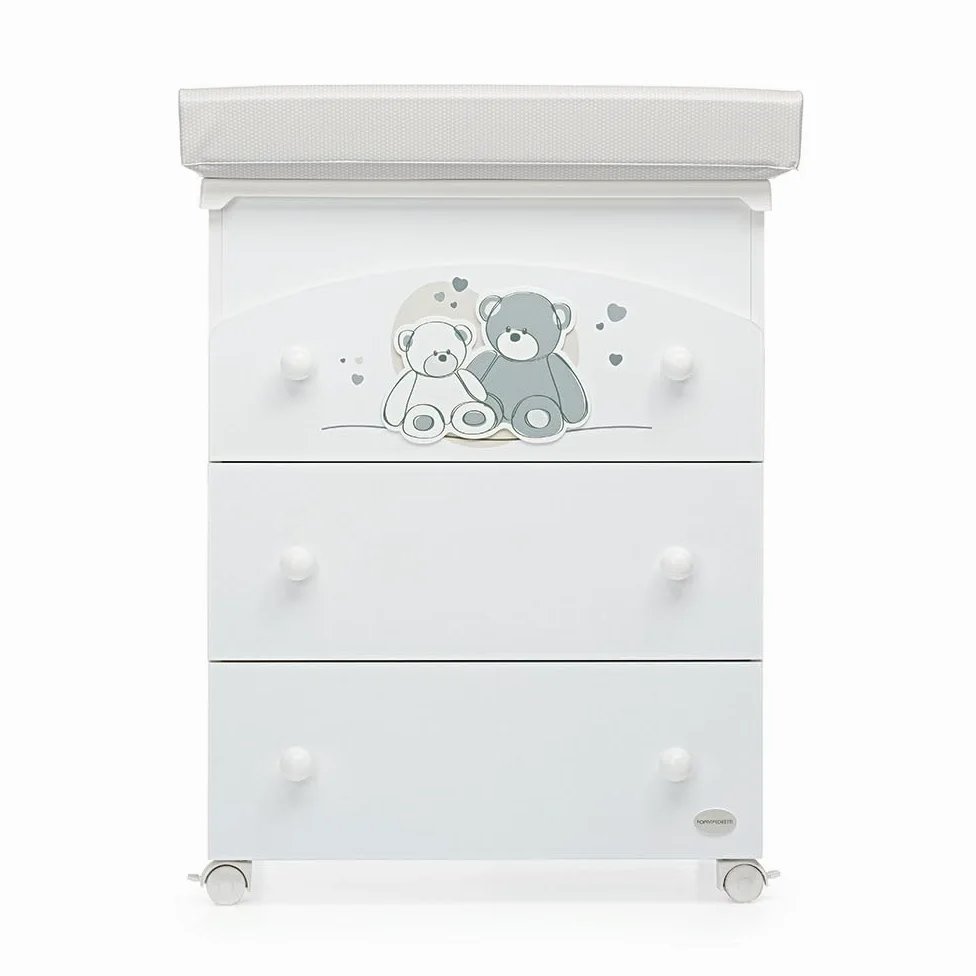 Foppapedretti Bagnetto Fasciatoio Mascotte, Made in Italy, Legno, 3 cassetti, piano fasciatoio ribaltabile. chiusura ammortizzata, vaschetta anatomica estraibile, 4 ruote di cui 2 con freno, Bianco