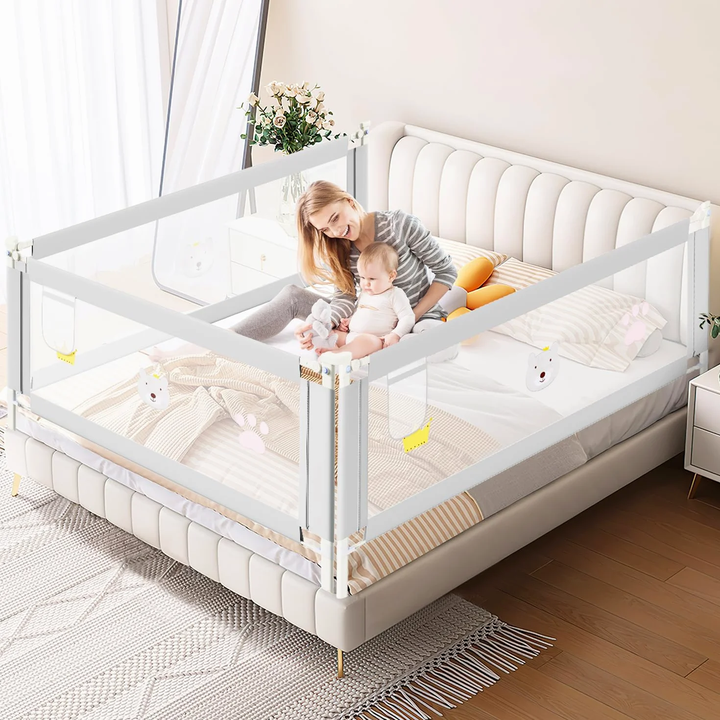 Ikodm Griglia di protezione da caduta, 200 cm x 2 + 180 cm x 1 cm, per lettino e letto dei bambini, regolabile in altezza, 70 – 98 cm, grigio