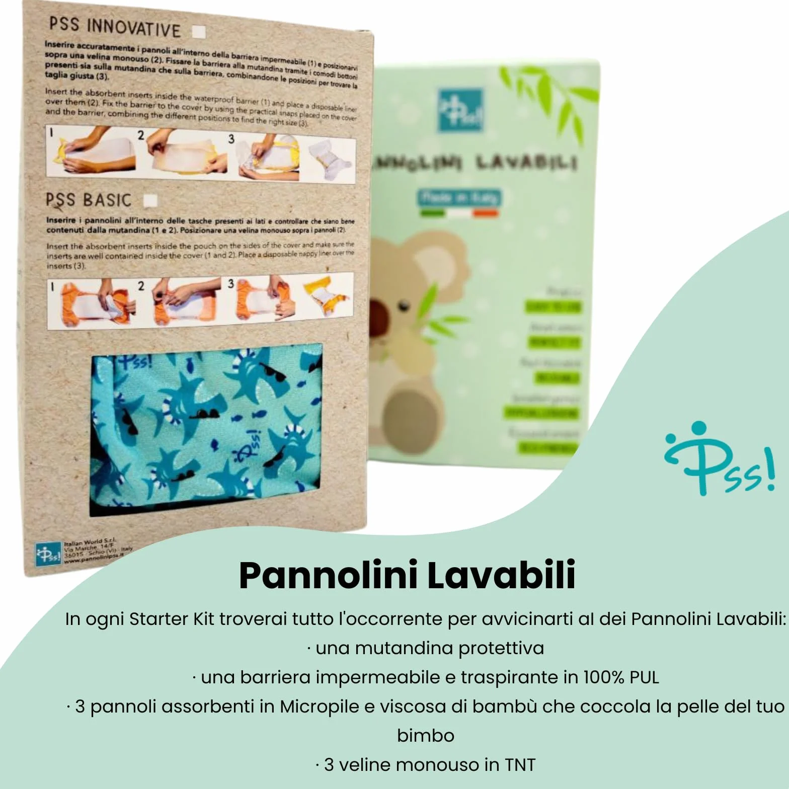 Pss! Pannolino riutilizzabile in tessuto regolabile con bottoni, per bambini da 0 a 3 anni - 4 assorbenti e 2 barriere contenitive - Impermeabile e comodo - 1 unità - Modello Glam -Squali