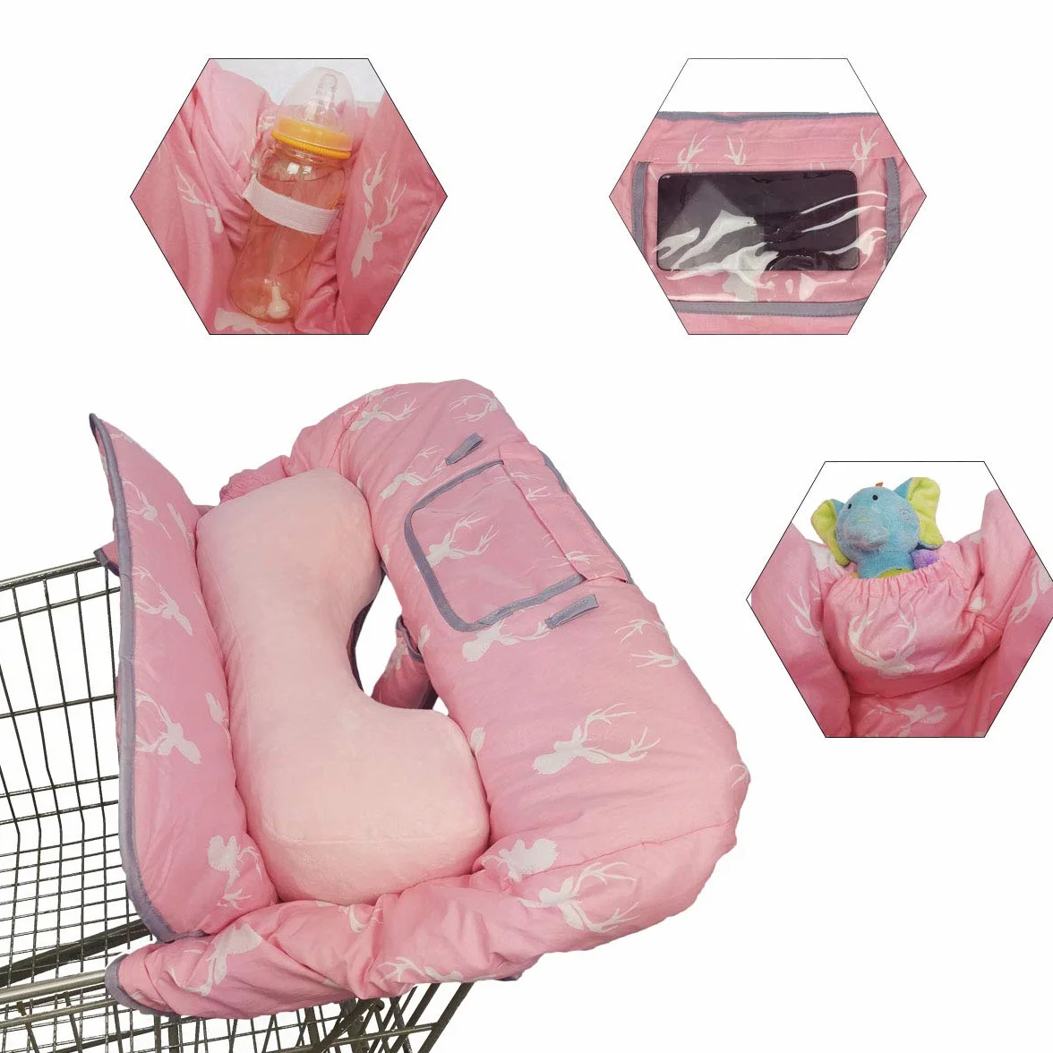 Coperture del carrello della spesa per neonata con cuscino di supporto, Copertina del carrello di cotone per neonati, Copri seggiolone per bambini, Lavabile in lavatrice, Degisn, Grande (cervo rosa)