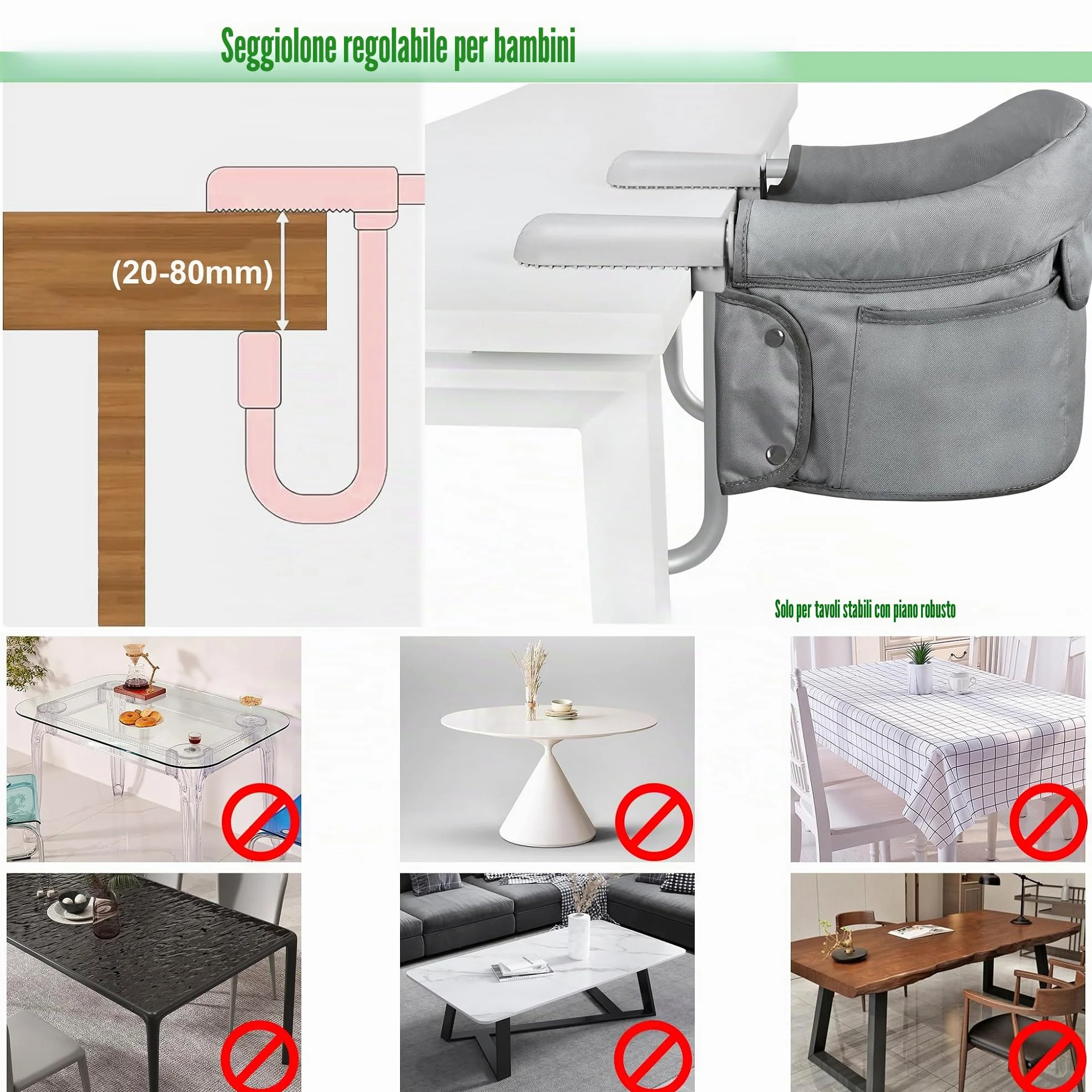 Seggiolini da Tavolo Pieghevoli per Bambini con Cintura di Sicurezza a 3 Punti e Morsetti Antiscivolo Ergonomici Rialzi Sedia Fino a 15KG per la Sala da Pranzo, Casa e i Viaggi (Grigio)