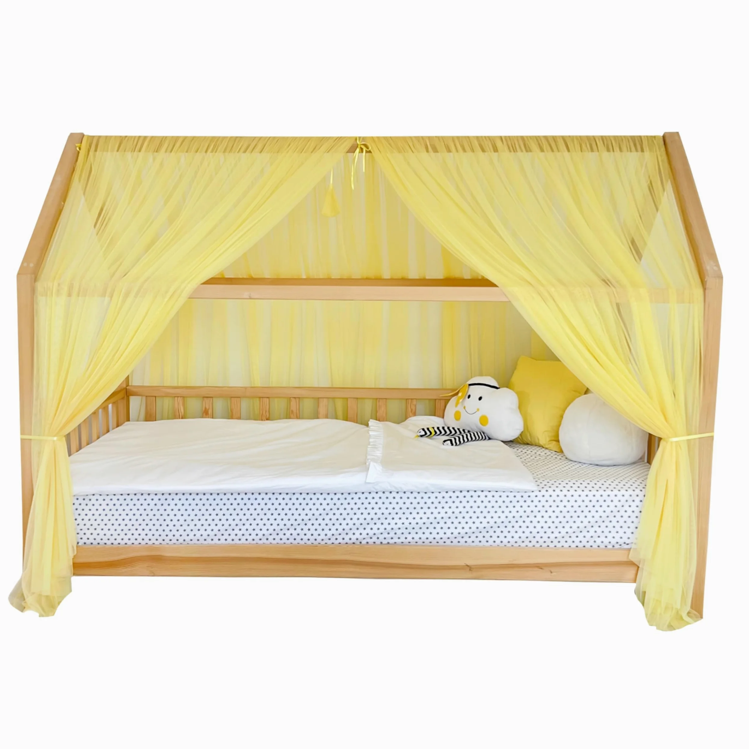 Tenda a baldacchino per letto della cameretta dei bambini, decorazione per pavimento e letto, tenda da gioco in morbido tulle per bambini (giallo, 420 cm, set da 4)