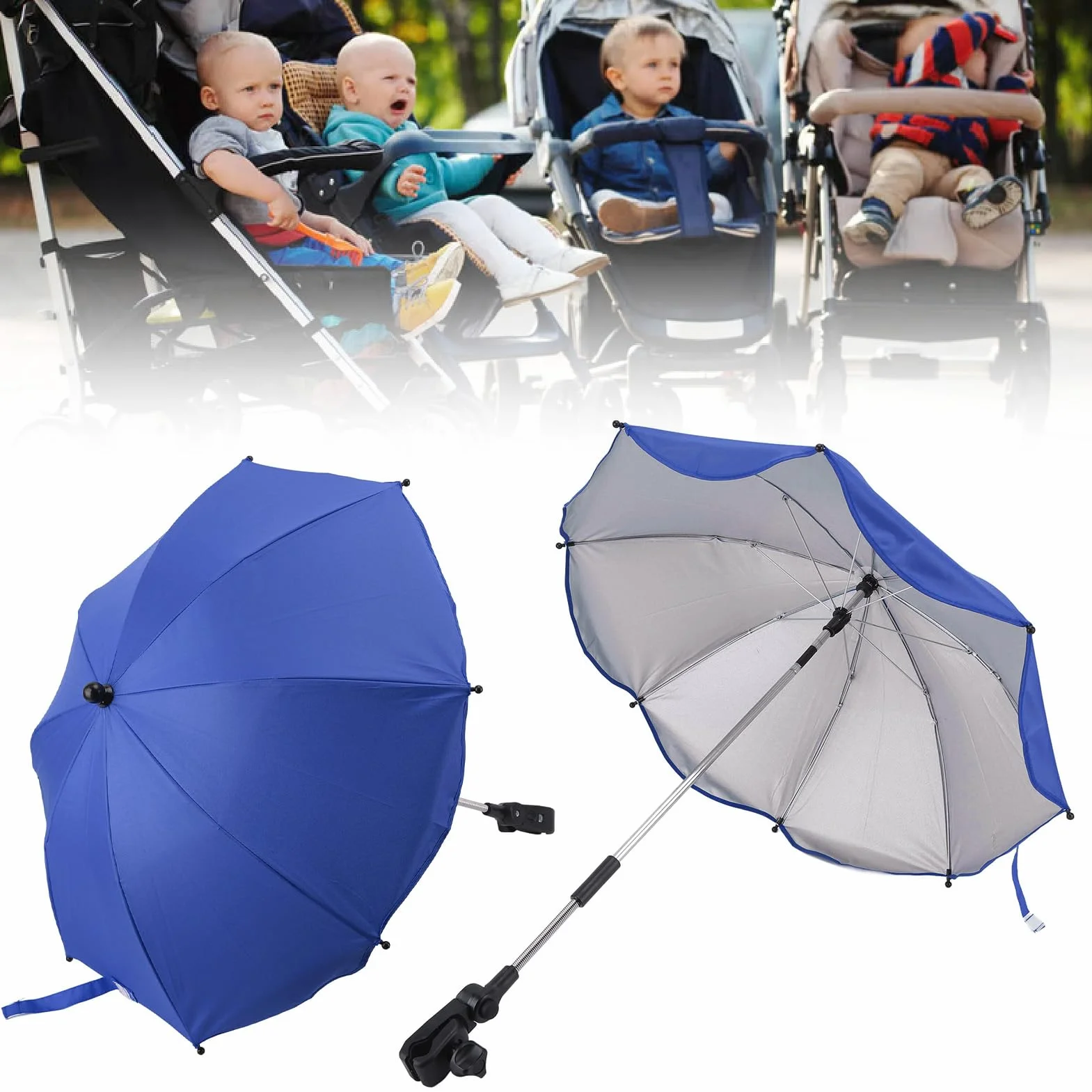 14 Pollici Ombrellino per Passeggino, Ombrellino Universale per Passeggino con Morsetto Protezione Regolabile Ombrellone per Passeggino per Passeggino, Culla, Sedia a Rotelle (Blu zaffiro (colla