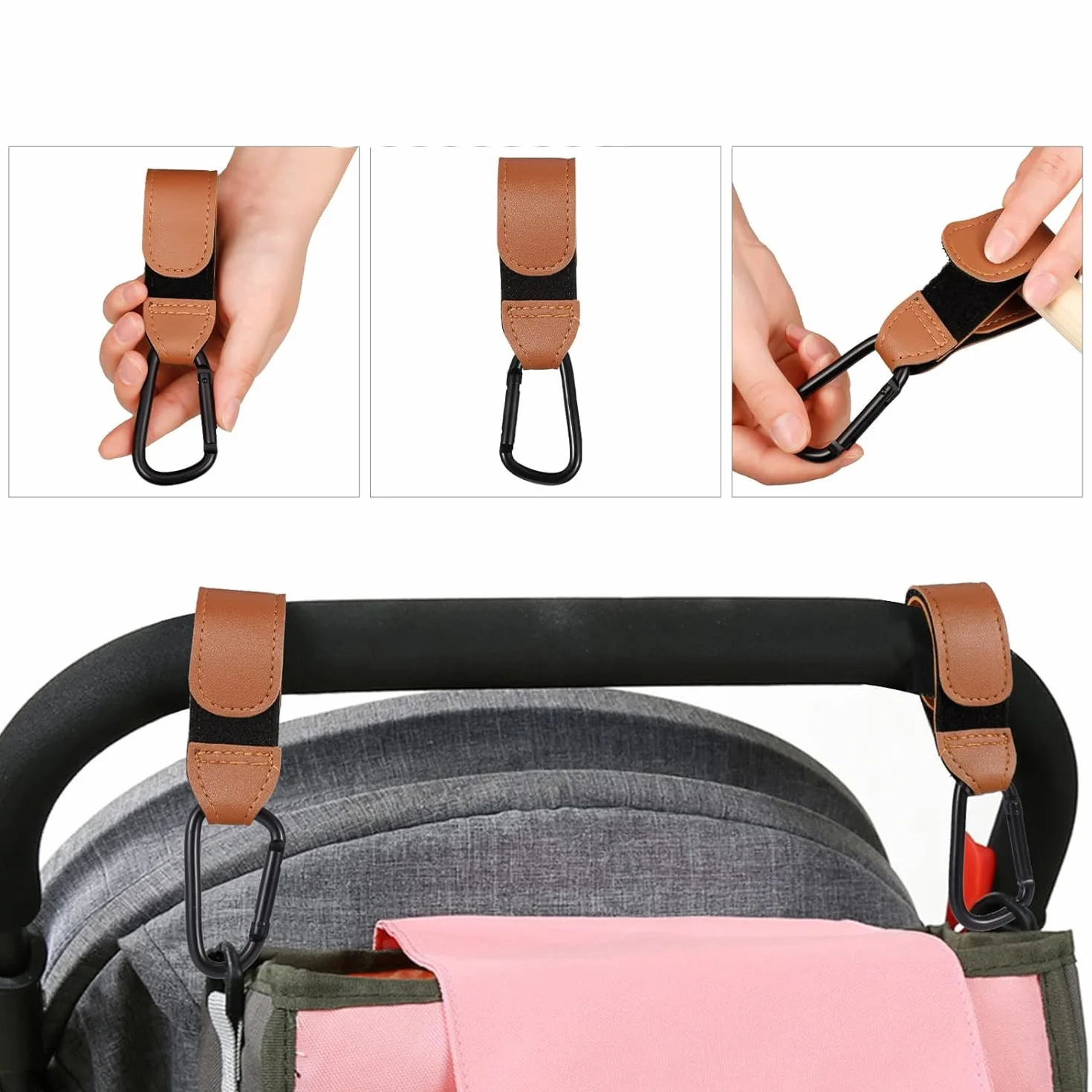 Shabany Gancio universale per passeggino, 2 pezzi, misura universale, gancio per passeggino, gancio da tasca, regolabile, robusto, con chiusura in , colore: marrone