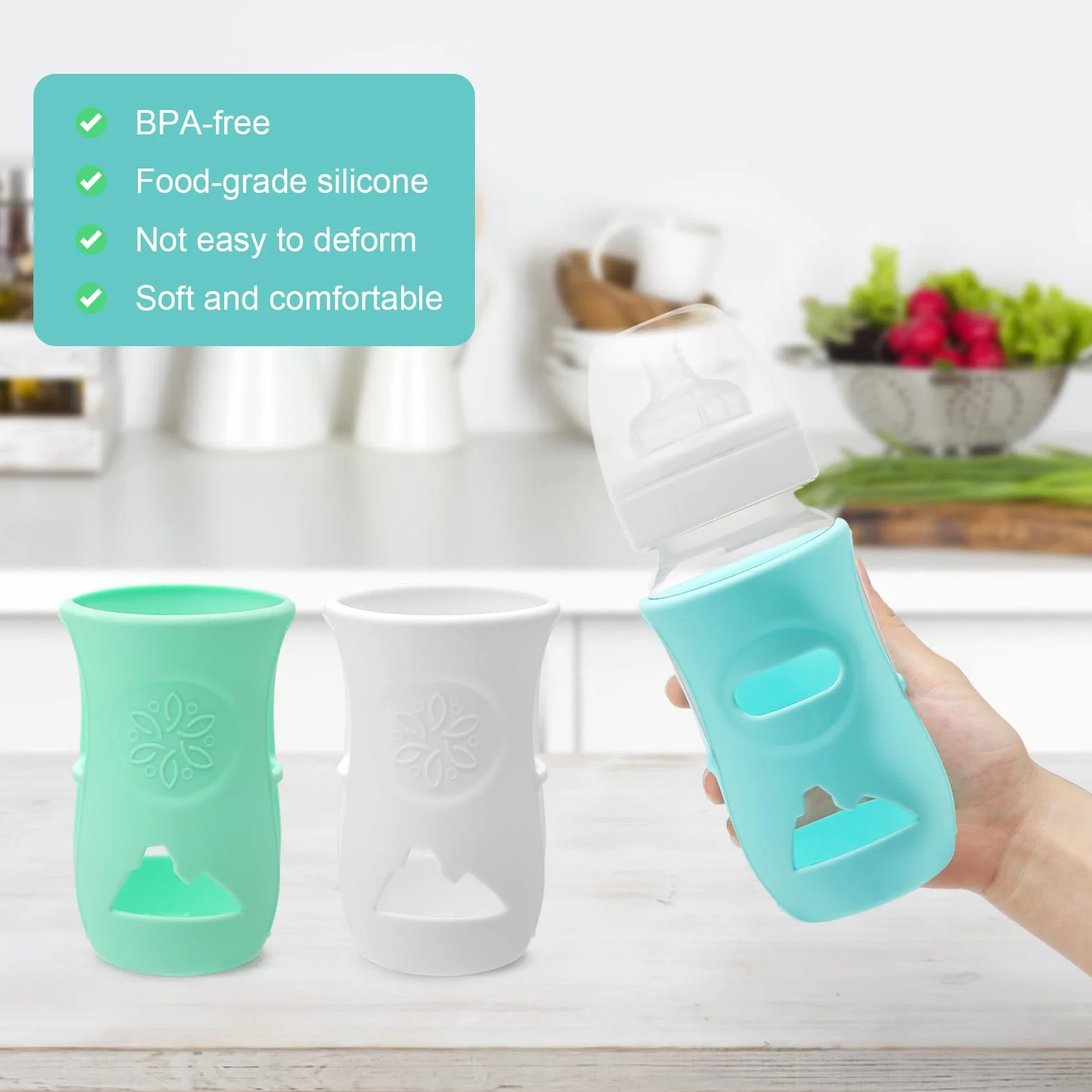 Confezione da 3 contenitori in silicone per biberon da 240 ml, infrangibili, copertura anti-goccia per biberon, adatti per bottiglie Philips Avent, senza Bpa (bianco/blu/verde)