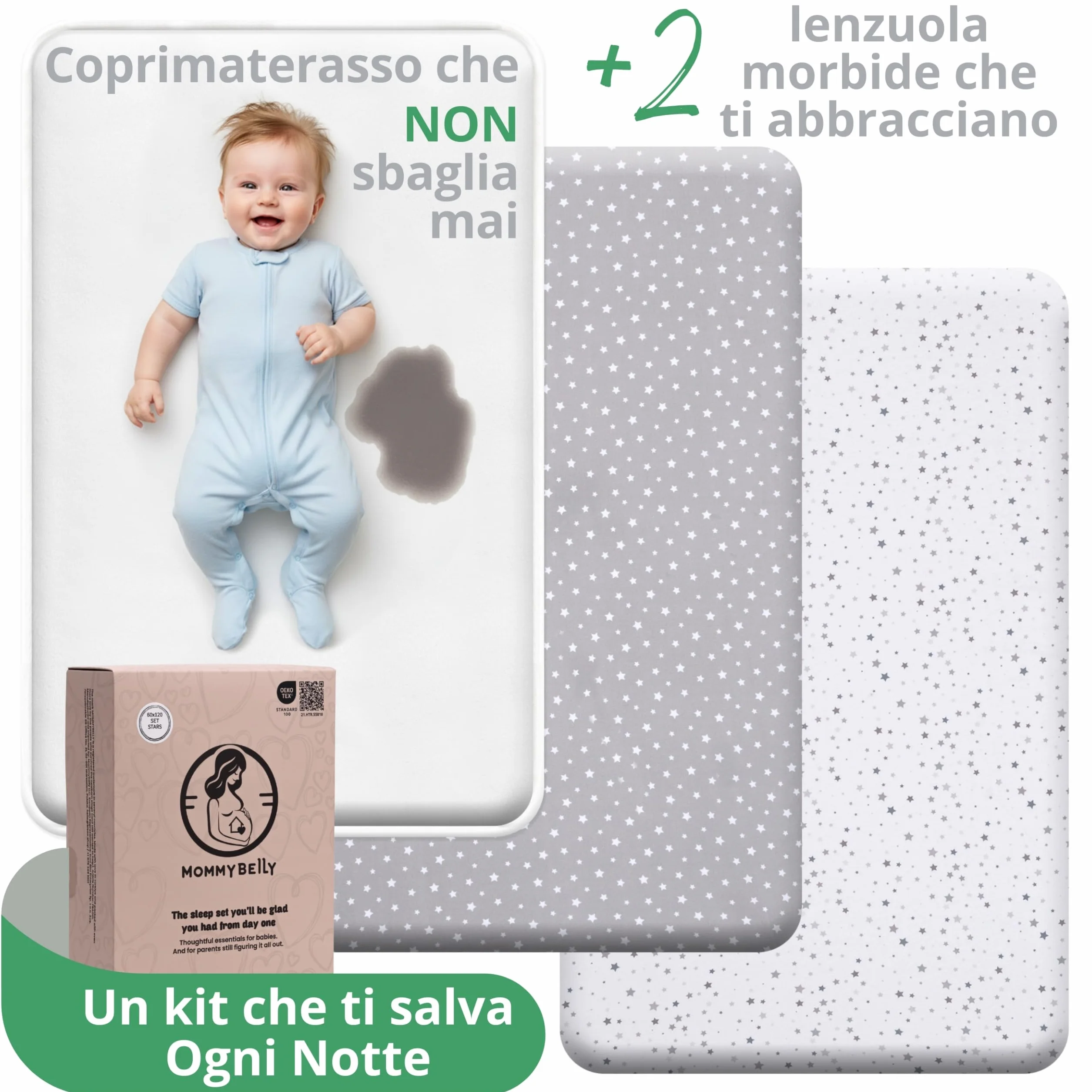 Set Lenzuola Lettino Neonato 60x120 / 60x125. 2 Lenzuola con Angoli in Cotone Jersey + 1 Coprimaterasso Impermeabile in Spugna. Certificato OekoTex. Fantasia Stelle 125x60 / 120x60