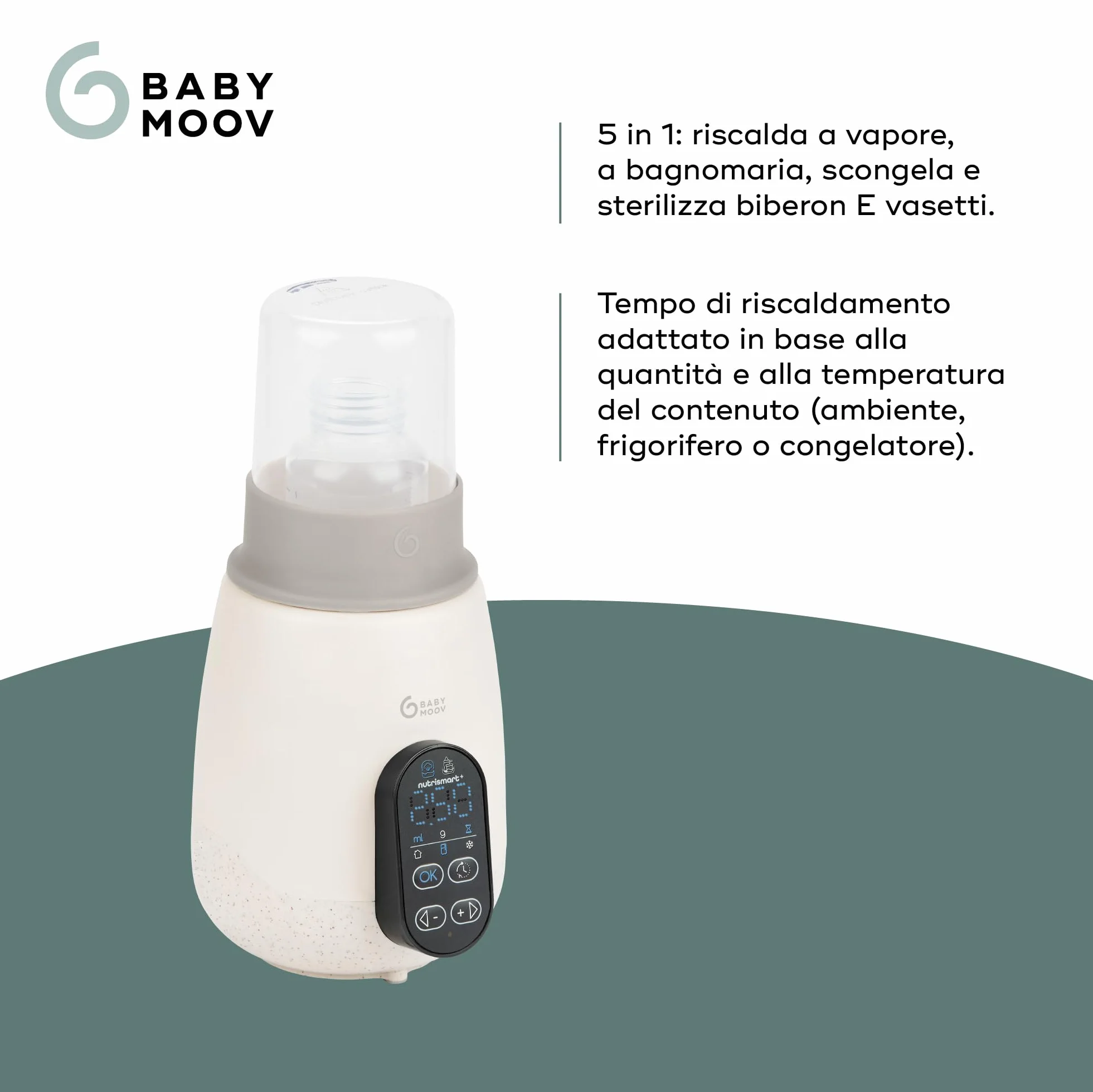 Babymoov Scaldabiberon e sterilizzatore NutriSmart(+) - Portatile - Casa e auto - Adattatore, cestello e coperchio inclusi - Riscaldamento programmabile - Funzione di mantenimento del calore per 1 ora