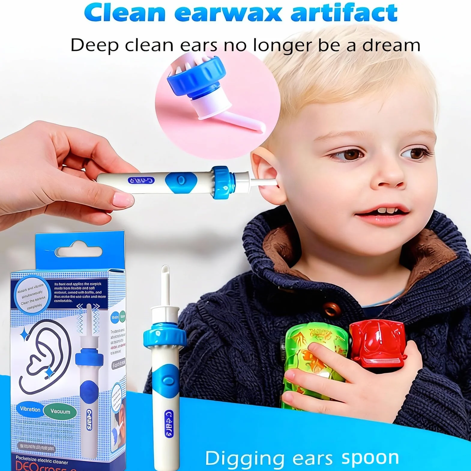 Aspiratore Cerume Orecchie Elettrico Pulisci Orecchie con Aspirazione, 2 Testine Silicone + Spazzolina, pulizia orecchie adulti bambini, aspiratore di cerume, funziona con Batterie AAA