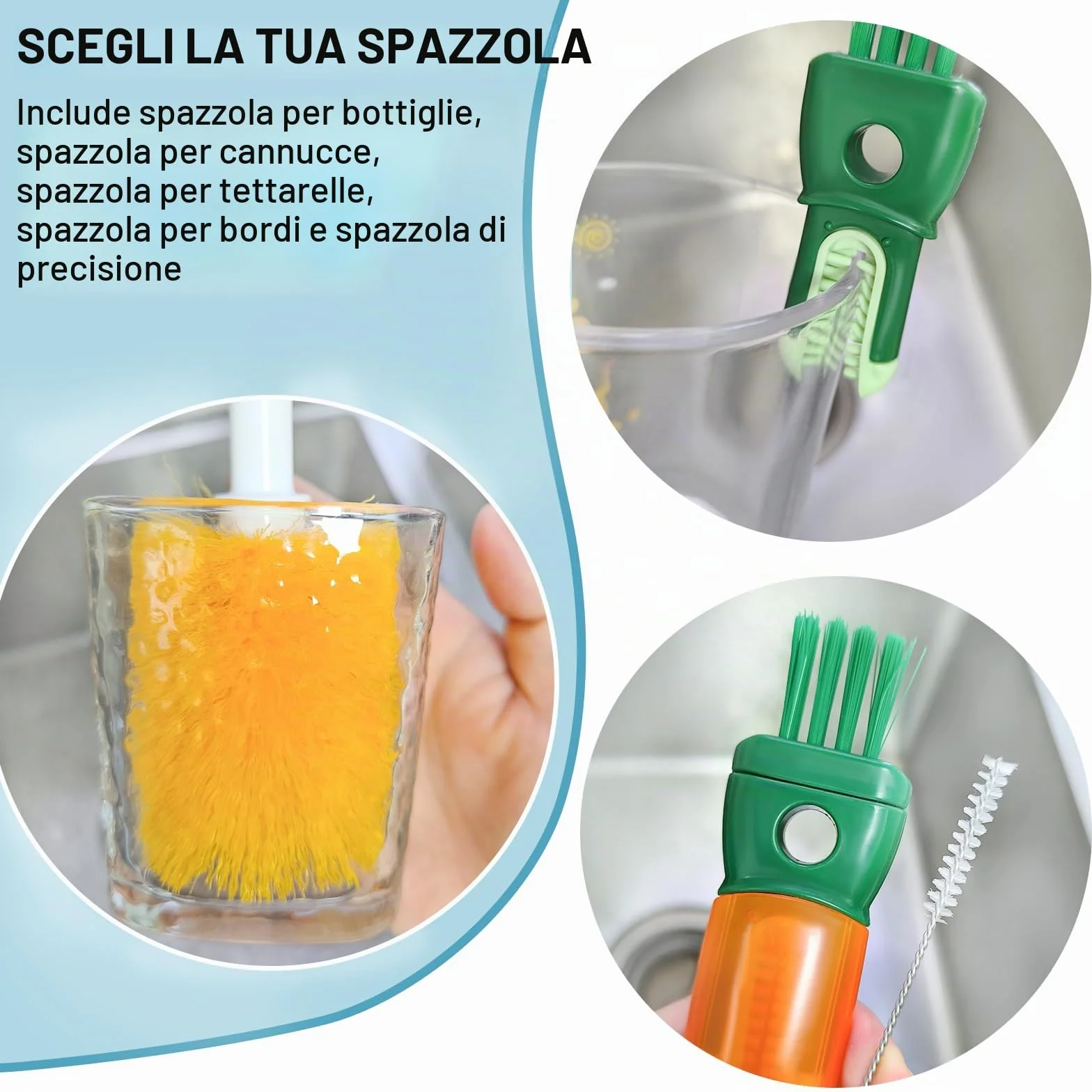2 Pezzi 5 in 1 Scovolino per Bottiglie, Borraccia, Biberon e Cannucce, Bottiglie Termiche