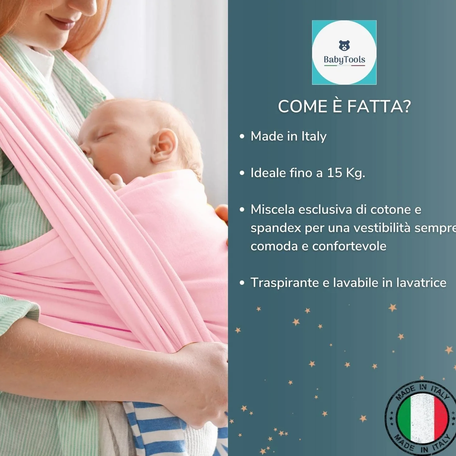 Fascia Neonato (100% Made In Italy) Con 2 BAVAGLINI INCLUSI, Fascia Porta Bebe In Cotone Organico, Fascia Neonato Porta Bebe In Tessuto Morbido, Leggero, Traspirante, Adatta Fino A 15 Kg