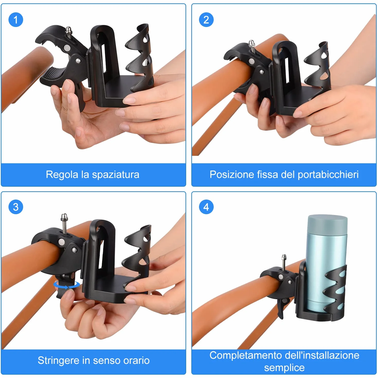 supregear Portabicchieri per Passeggino, Universale Rotazione a 360 Gradi portabicchiere passeggino, Elevata stabilità Porta Borraccia per Bici, Passeggini, Sedie a Rotelle, Moto, Nero