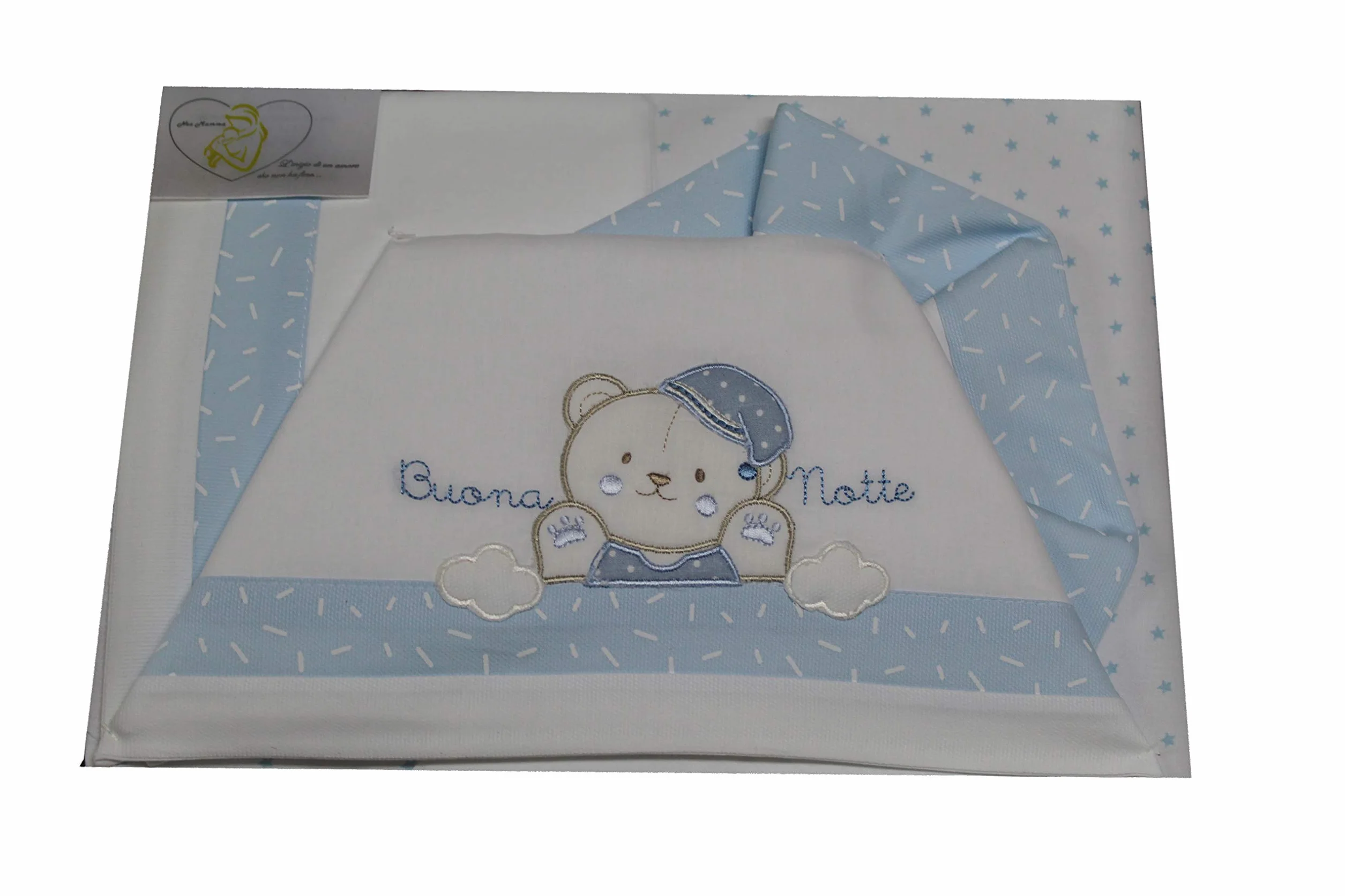 Set per culla in cotone 3 pezzi con ricamo del nome personalizzato. Federa, lenzuolo e coprimaterasso con elastico