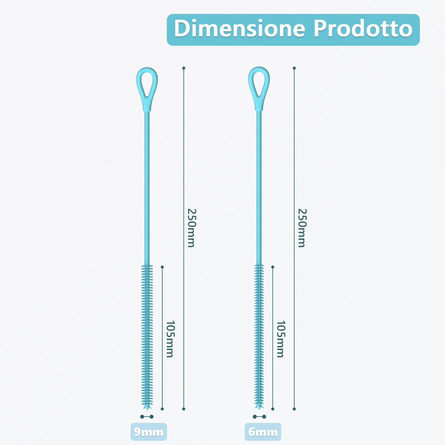 Spazzola Cannucce Silicone, 2Pezzi Scovolino per Cannucce Riutilizzabile per Vetro Metallo Frullati Cannucce e Tazze Cannuccia, Impugnatura Antiscivolo Morbida e Pieghevole, 6mm+9mm, Blu