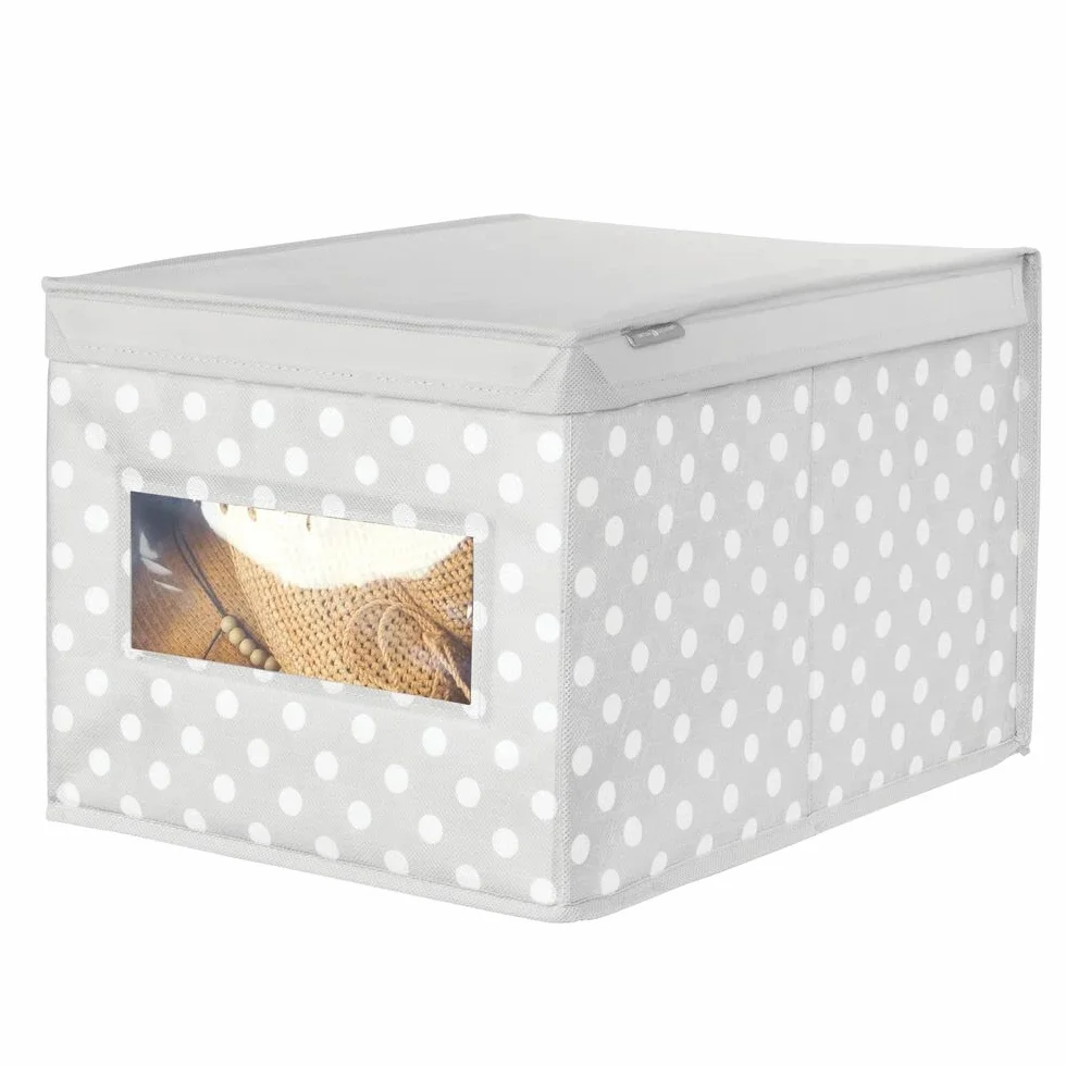 mDesign Set da 6 scatole portaoggetti impilabili con Finestra Trasparente – Box Grande con Coperchio per la Stanza dei Bimbi – Cesta per Vestiti in Fibra Sintetica a Pois – Grigio ianco