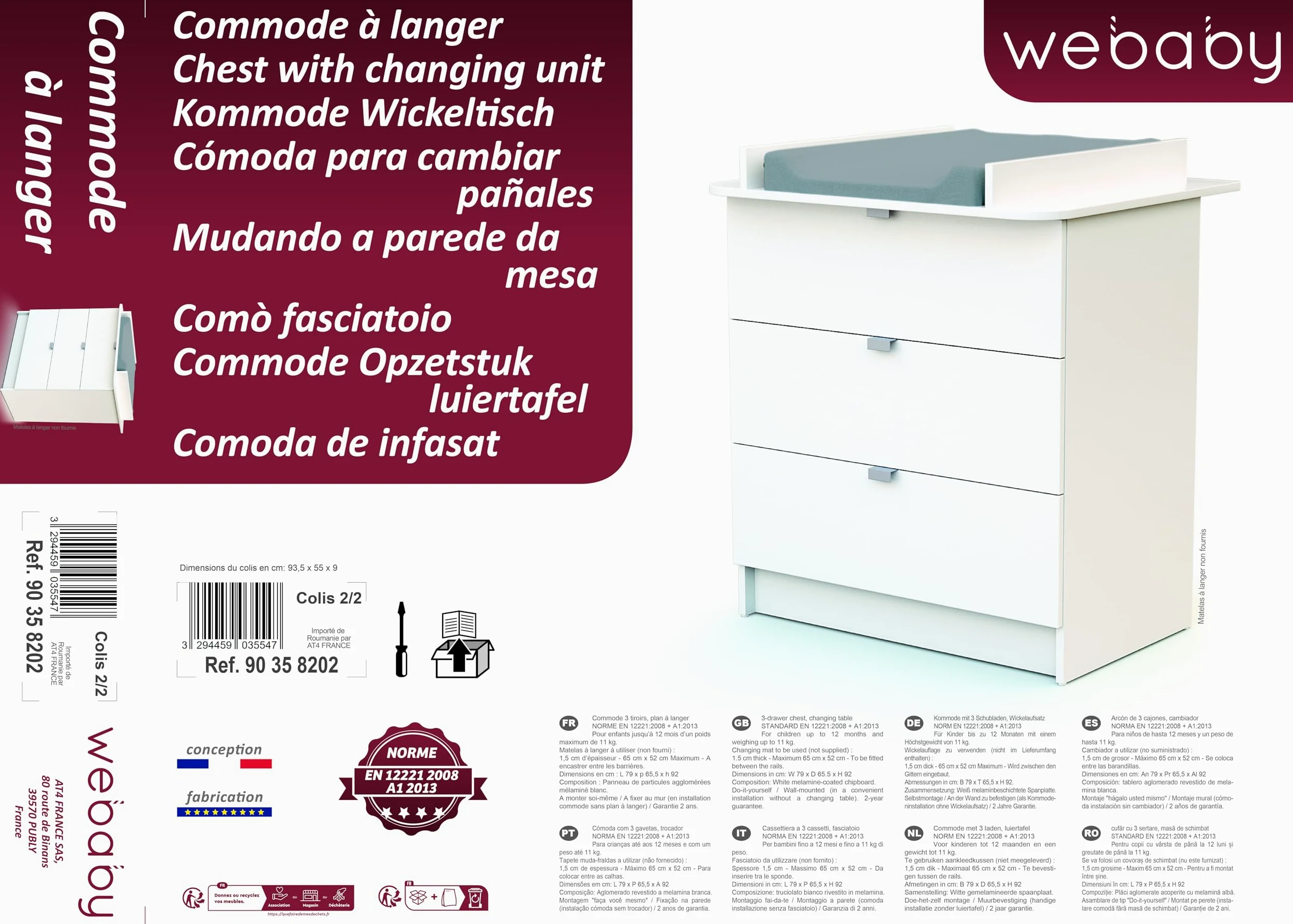 Webaby - Cassettiera fasciatoio 3 cassetti legno Renard - Bianco - 79 x 65,5 x 92 cm