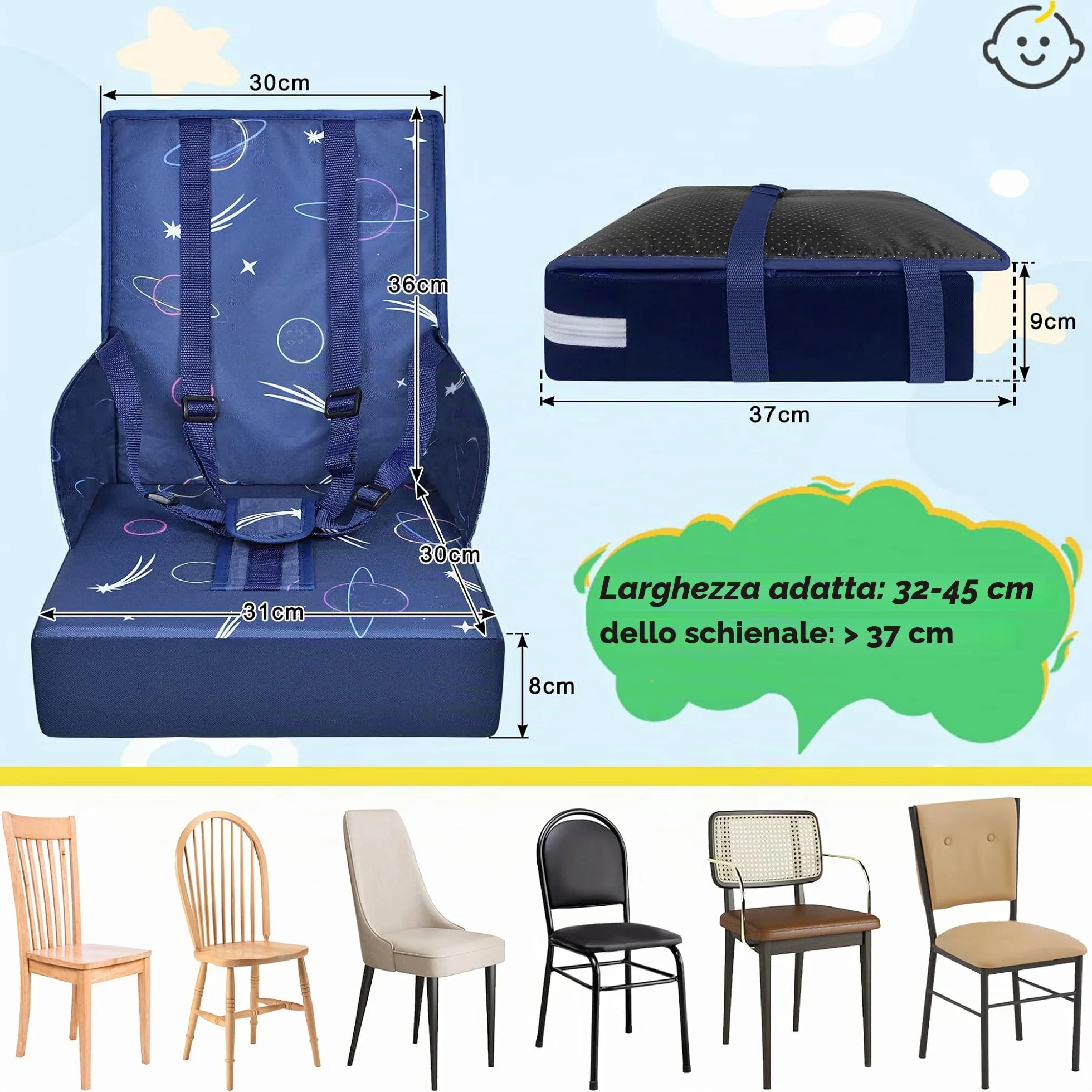 NAIZY Seggiolone rialzo per bambini, con schienale pieghevole e cintura di sicurezza a tre punti, spugne per rialzo della sedia, colore blu