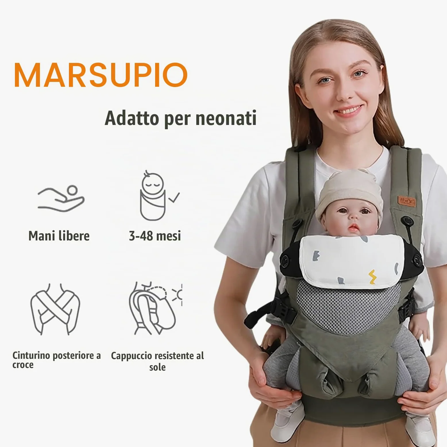 SONARIN 3-in-1 Marsupio Neonati Traspirante,Portantina Bebè Leggero Multifunzione Porta Bambino Ergonomico,Regolabile per Neonati e Bambini 3-48 Mesi,Tutte le Posizioni(Verde)