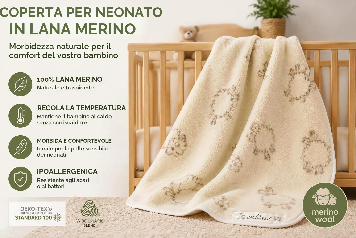 WOOLMARKED, coperta in lana merino per bambini, 140x100 cm, prodotto naturale