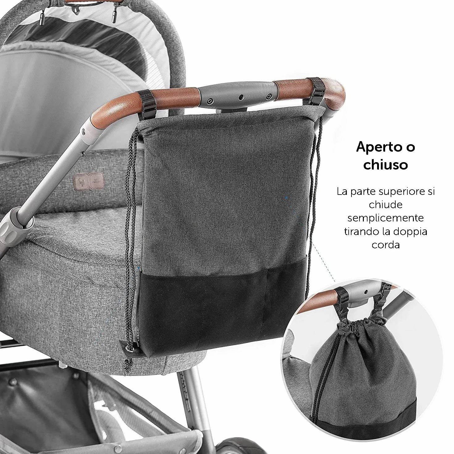Zamboo Borsa Passeggino Universale - Borsa Organizer Passeggino con Ganci per Maniglione - Borsa Carrozzina Neonato - Grigio Nero