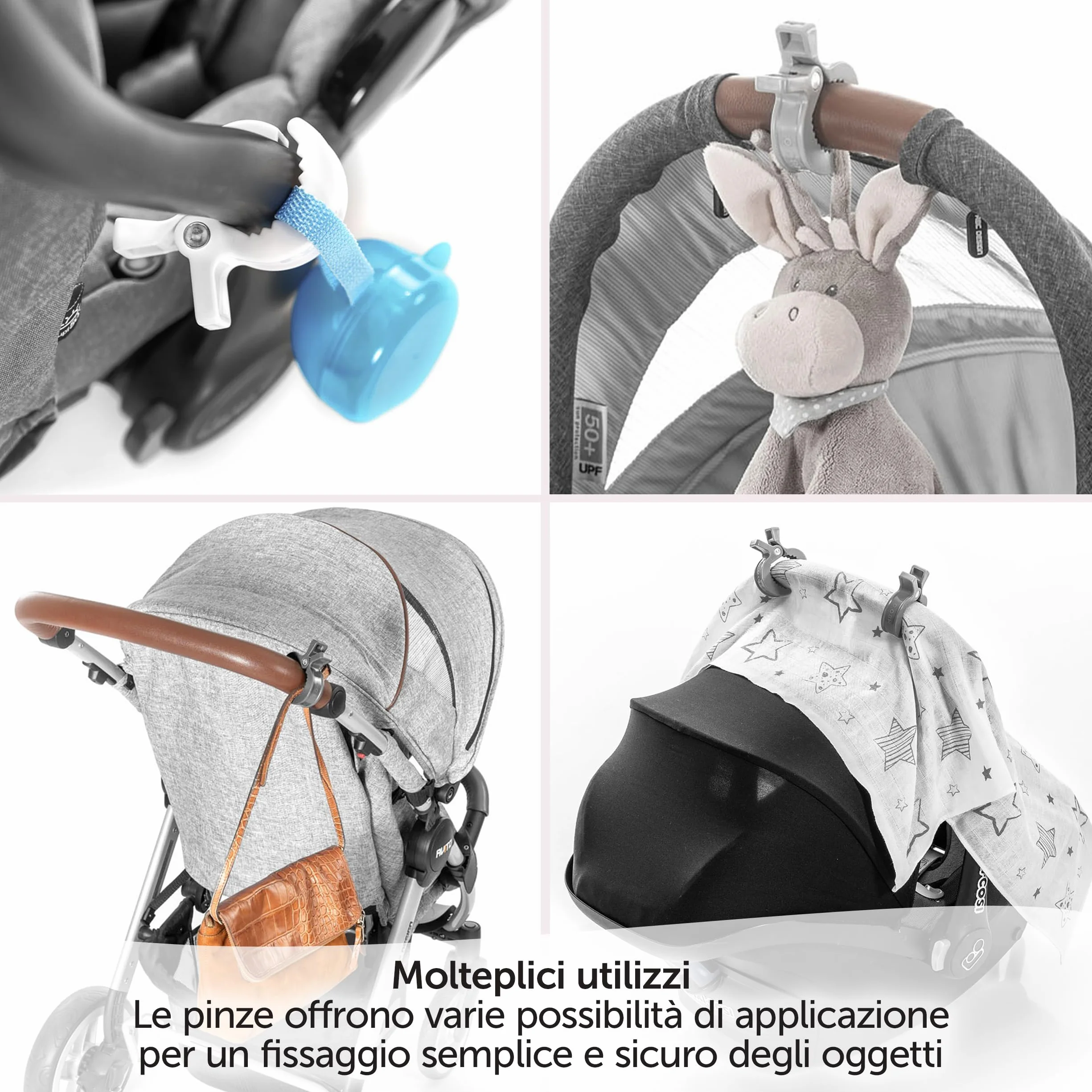 Zamboo Set di Mollette Passeggino - Pacco da 6 Ganci Passeggino Universali per il Fissaggio Facile e Veloce di Accessori Passeggino - Bianco Grigio