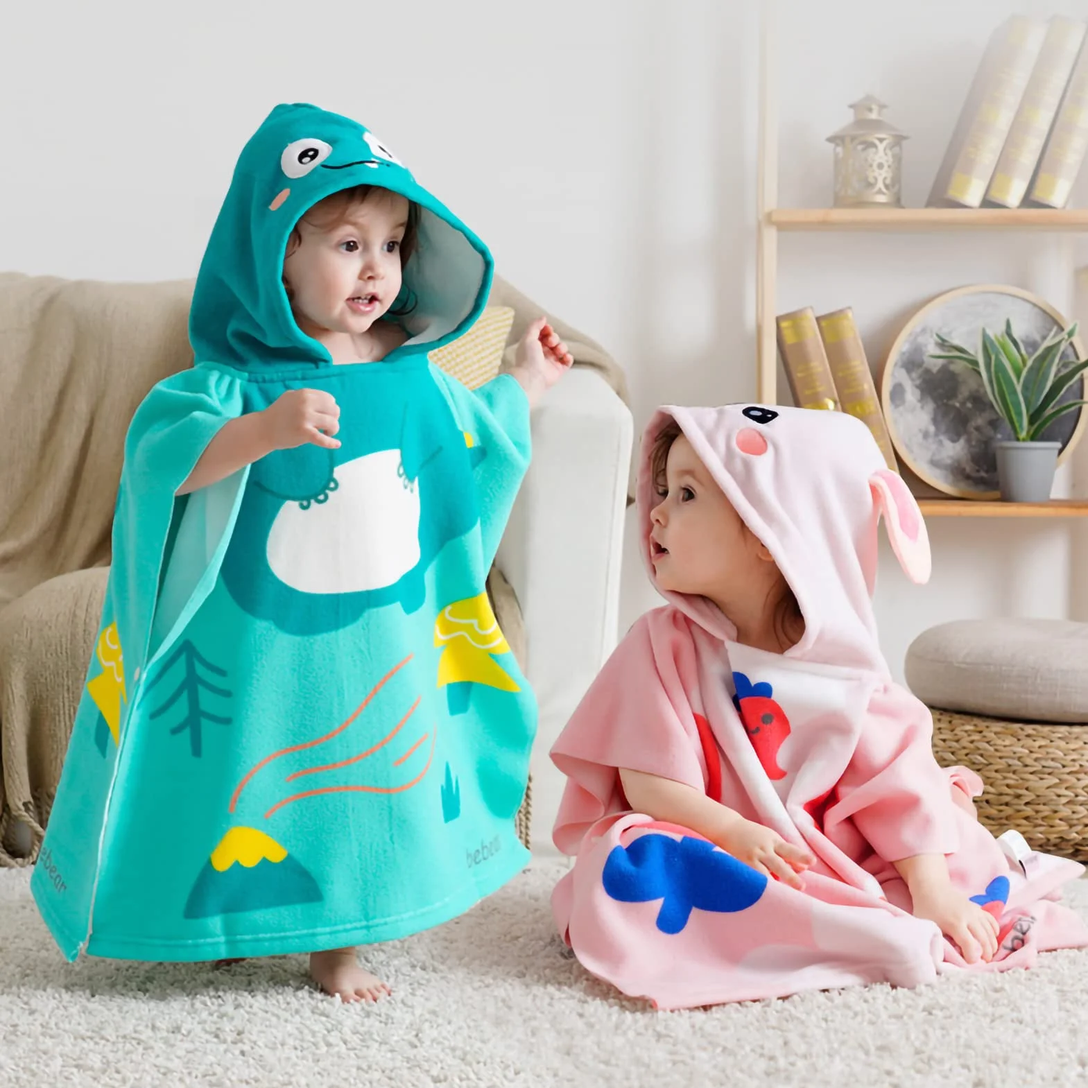 Bebamour Asciugamani con cappuccio indossabile per bambini, Asciugamano assorbente, Dino