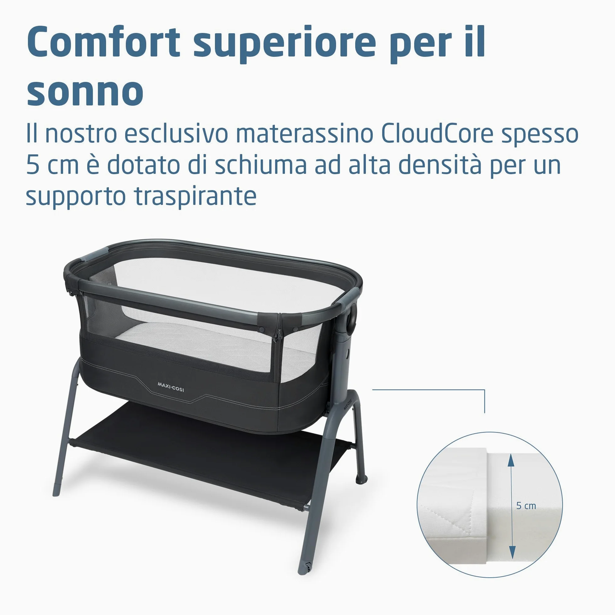 Maxi Cosi Iora² Culla Co-Sleeping, 0–6 Mesi (9 kg), Culla Neonato Fianco Letto Pieghevole e Leggera, Materasso 5 cm CloudCore, 5 Livelli, 2 Ruote Scorrevoli, Funzione Easy Slide, Elegance Graphite