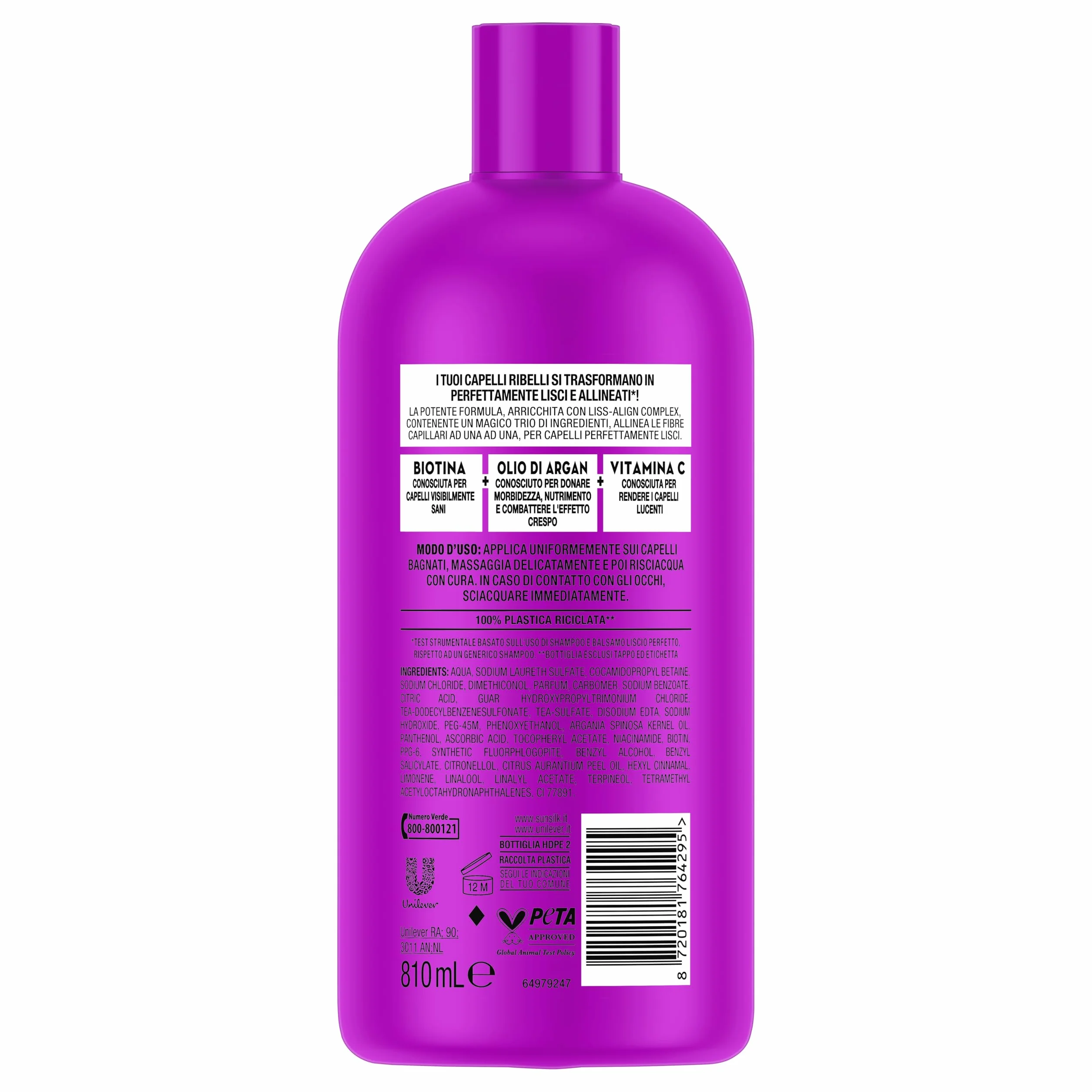 Sunsilk, Shampoo Liscio Perfetto, Shampoo per Capelli Lisci e Disciplinati, Formula Arricchita con Liss-Align Complex con Biotina, Olio di Argan e Vitamina C Formato XXL 810ml