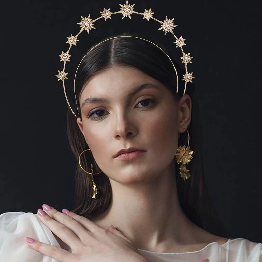 1 Pezzo Cerchietto per Capelli con Strass a Forma di Stella, Cerchietto Sole Oro Cerchietto con Stella Luccicante Carnival per Donne e Ragazze, Sole Luna Stelle Costume