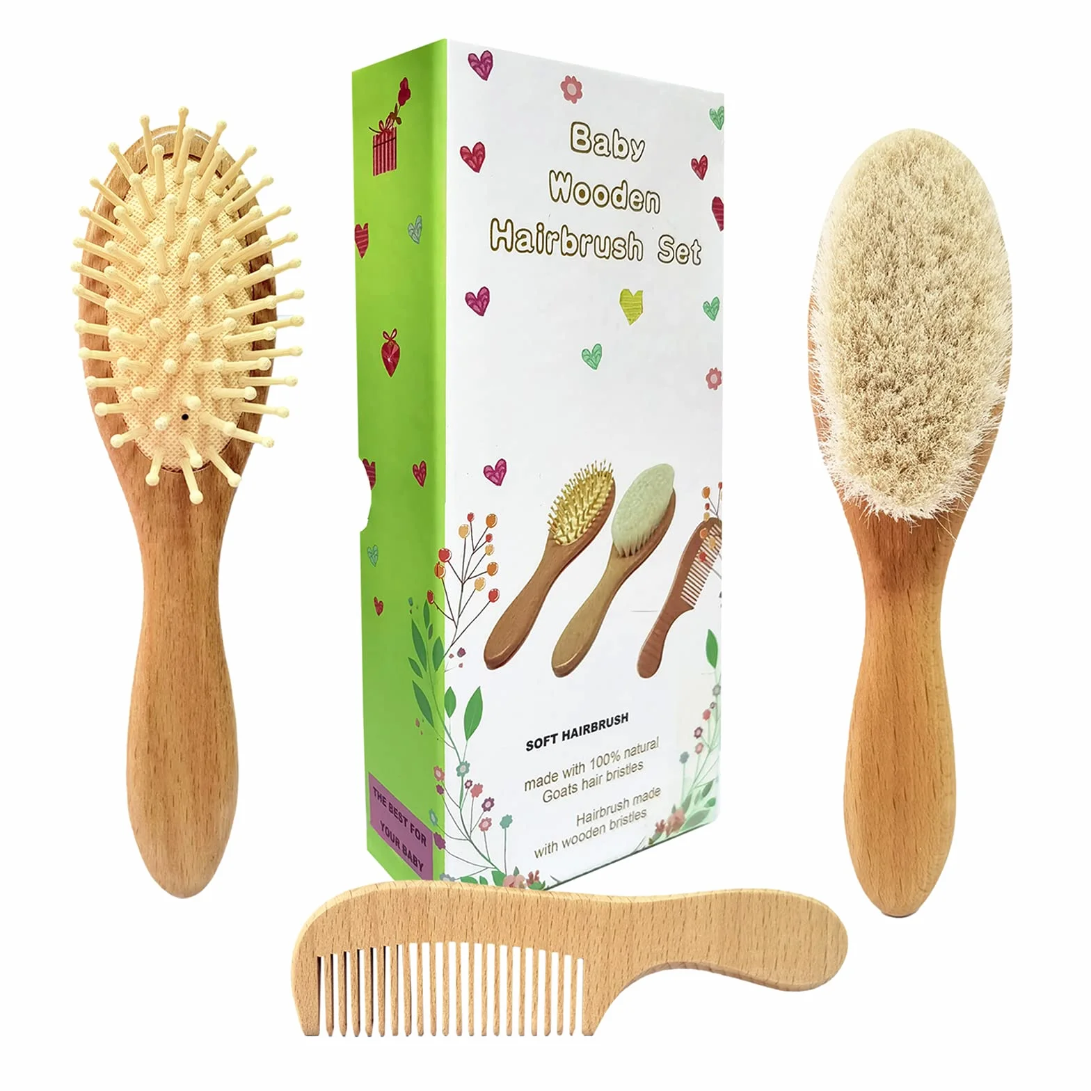 3 pezzi spazzola di capelli del bambino e in legno pettine | capra naturale setole spazzola | legno di spazzola di setola
