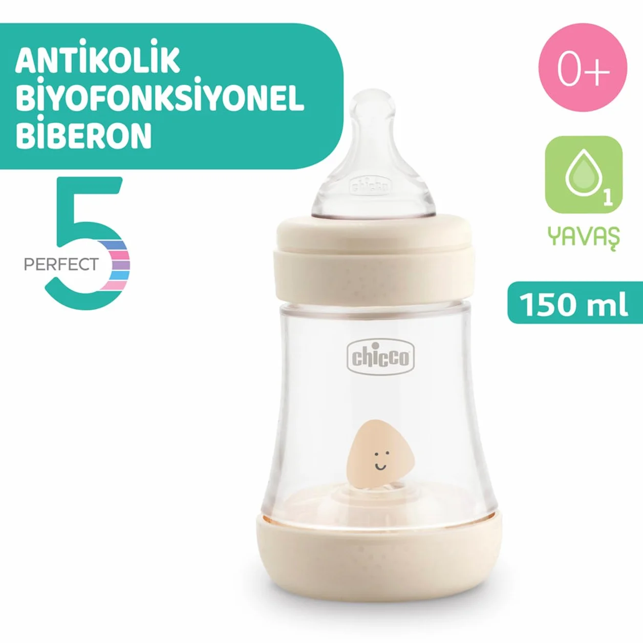 Chicco PERFECT 5 Biberon Anticolica 150 ml, Biberon Flusso Lento 0 Mesi+ con Tettarella in Morbido Silicone e Ciuccio in Silicone 0-2 Mesi incluso al suo interno, Idea regalo