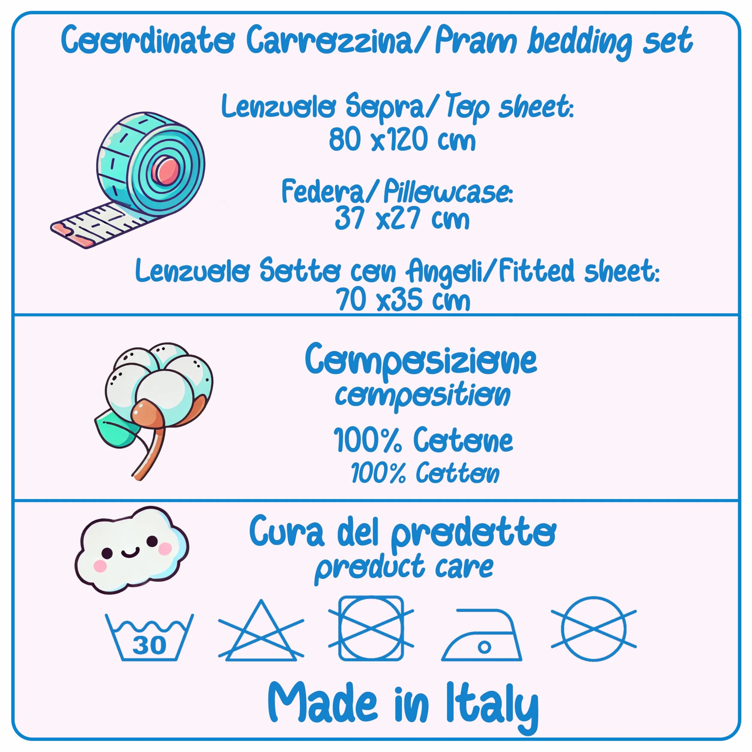 PASTELLO - Coordinato Carrozzina 3 Pezzi, 100% Cotone per Neonati, Completo Lenzuola con Ricamo (Art. LC7F, ROSA)