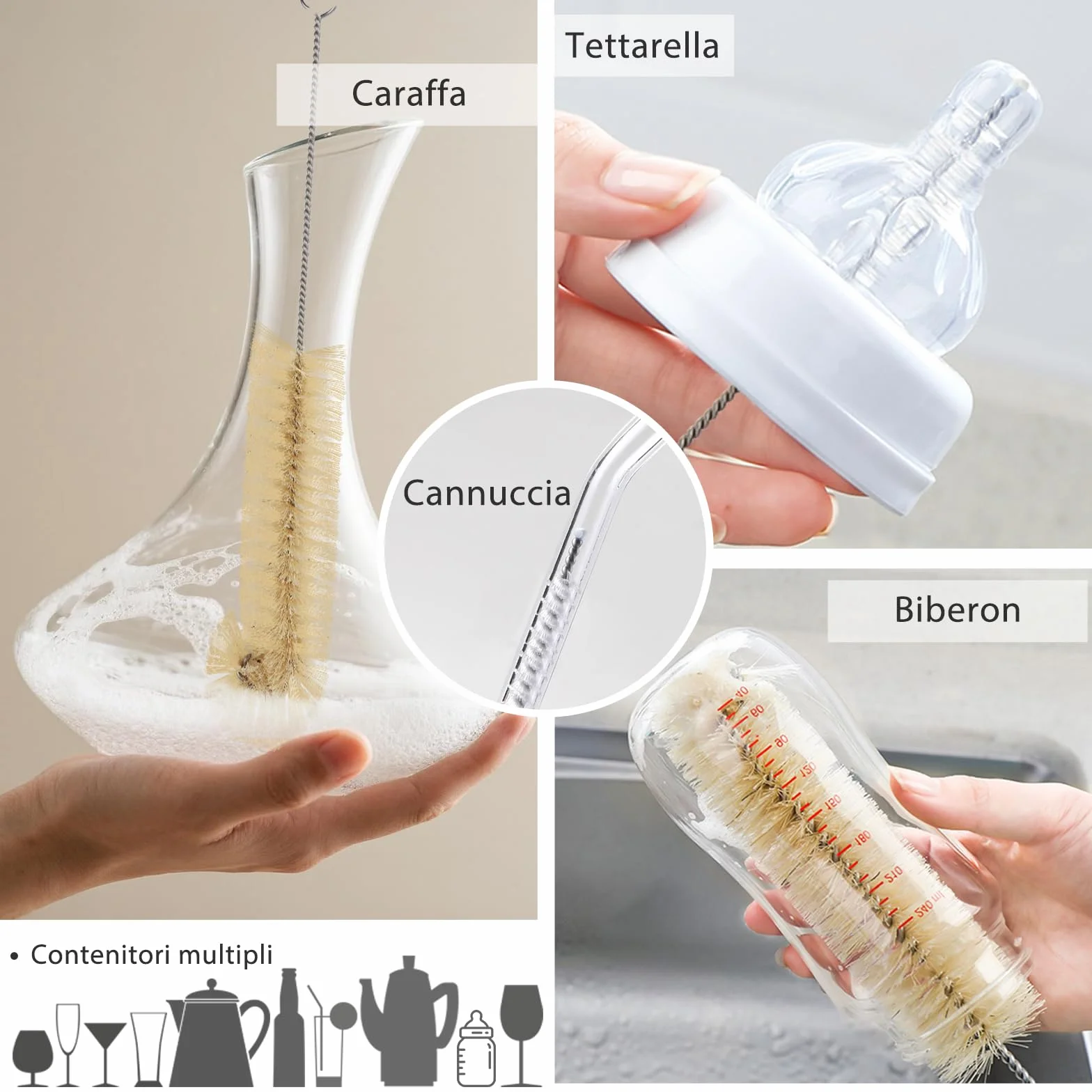 MASTERTOP Set 9 Spazzola per Bottiglie, Spazzole per Bottiglie Lungo, Scovolino per la Pulizia del Lotto per Bottiglia, Tazza, Vetro, Cannuccia, Thermos e Contenitori Vari